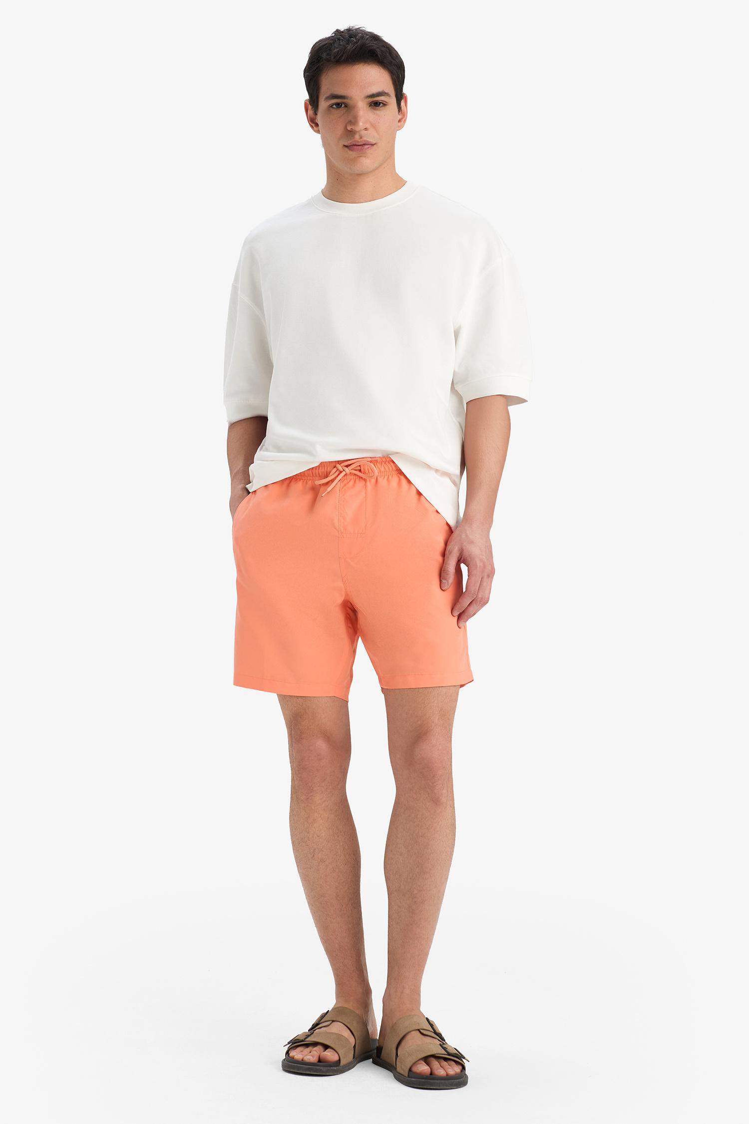 Regular Fit Kısa Boy Cepli File Astarlı Beli Bağcıklı Düz Hafif Kumaş Deniz Şortu