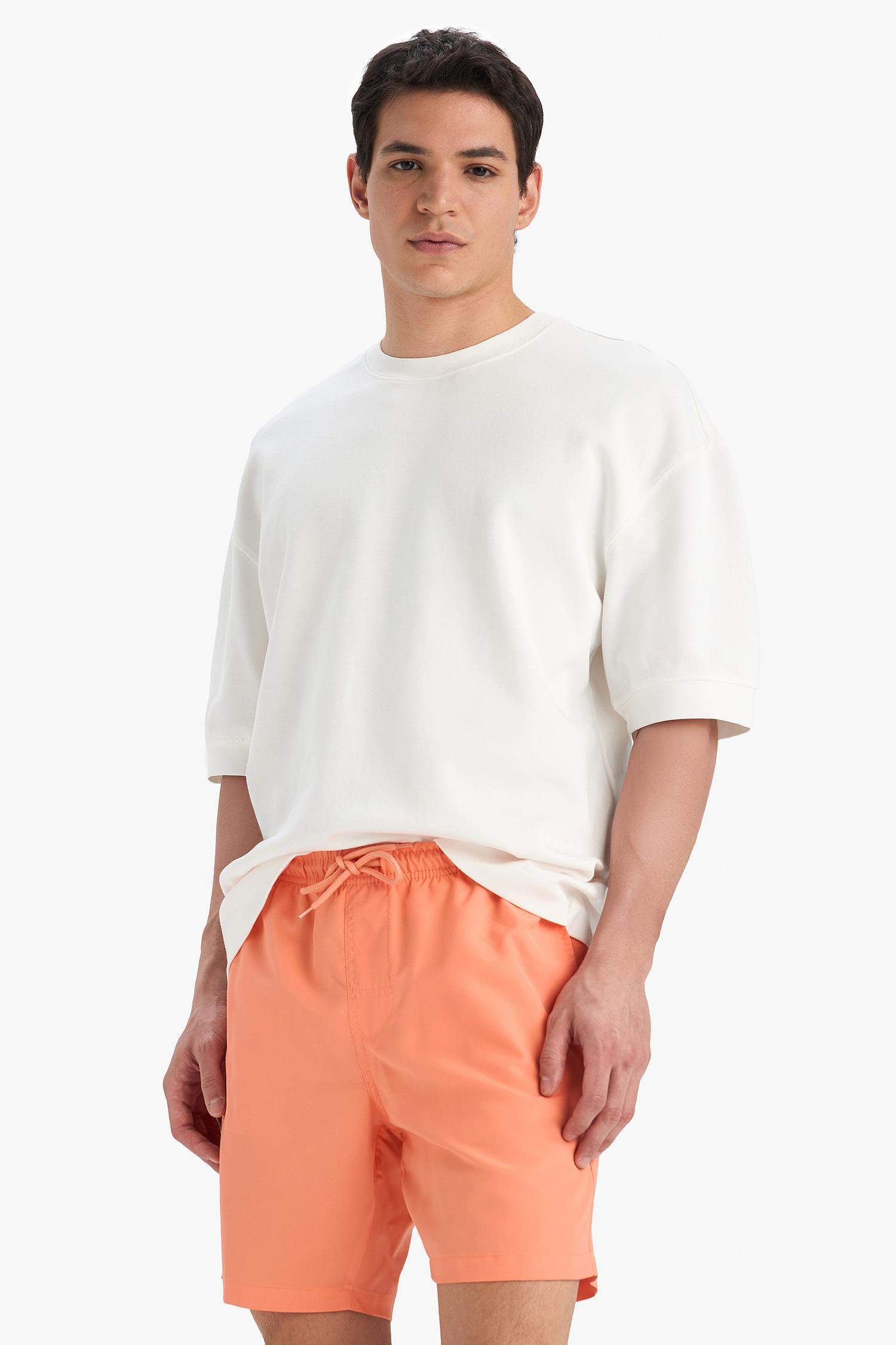 Regular Fit Kısa Boy Cepli File Astarlı Beli Bağcıklı Düz Hafif Kumaş Deniz Şortu