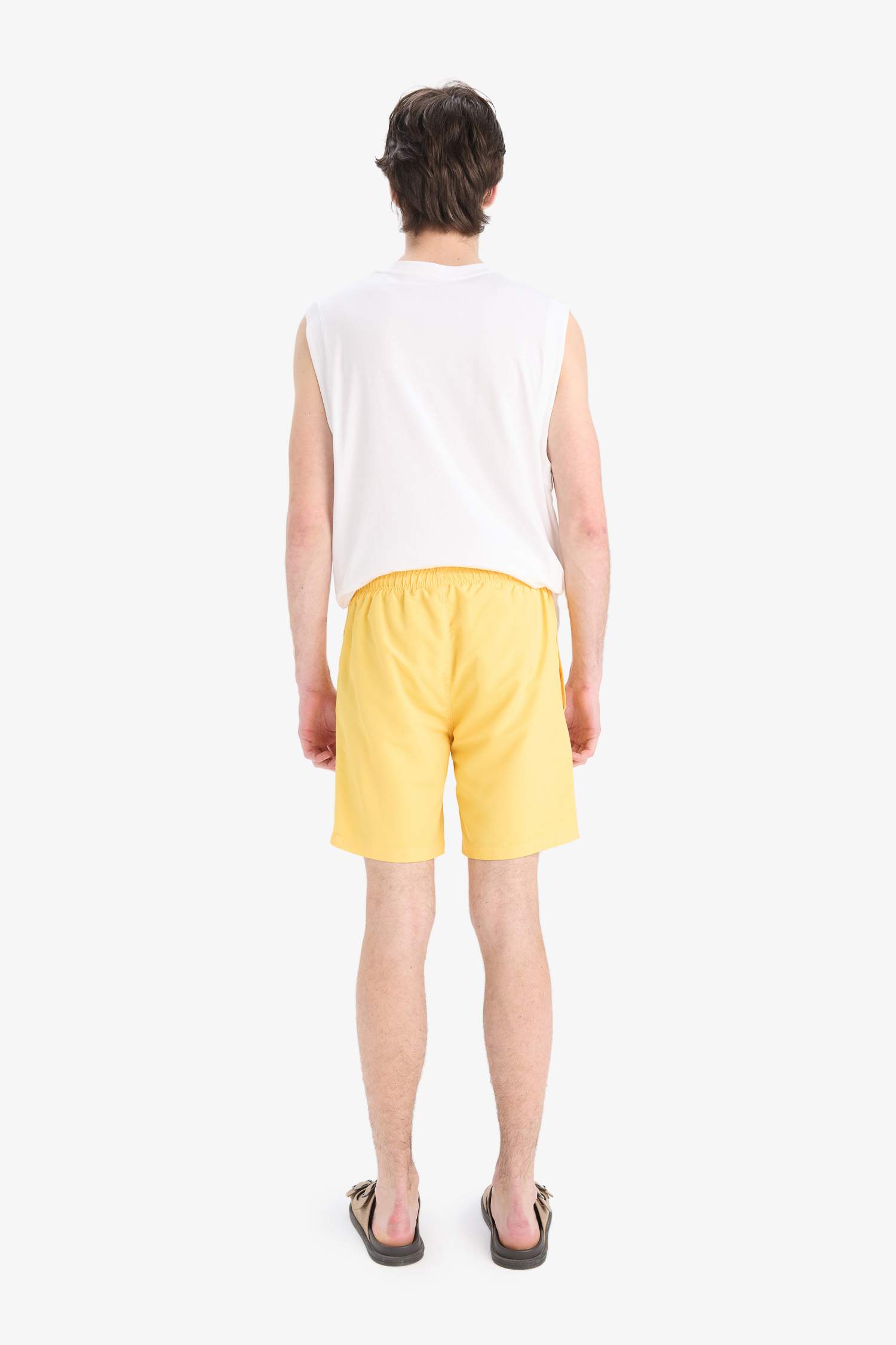 Regular Fit Kısa Boy Cepli File Astarlı Beli Bağcıklı Düz Hafif Kumaş Deniz Şortu