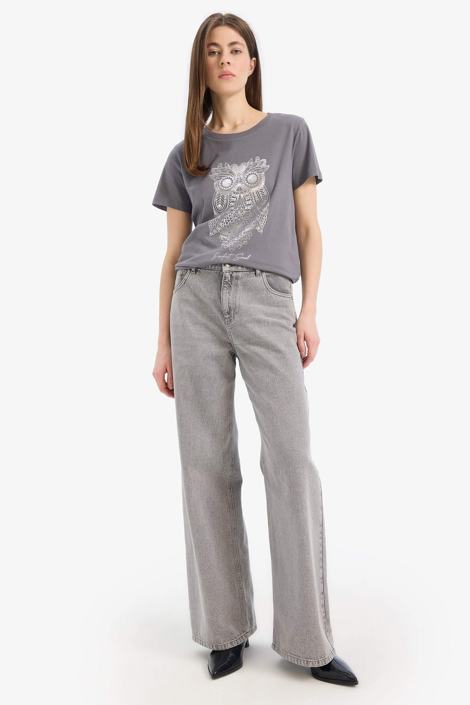 Regular Fit Bisiklet Yaka Baykuş Desenli Penye Kısa Kollu Tişört