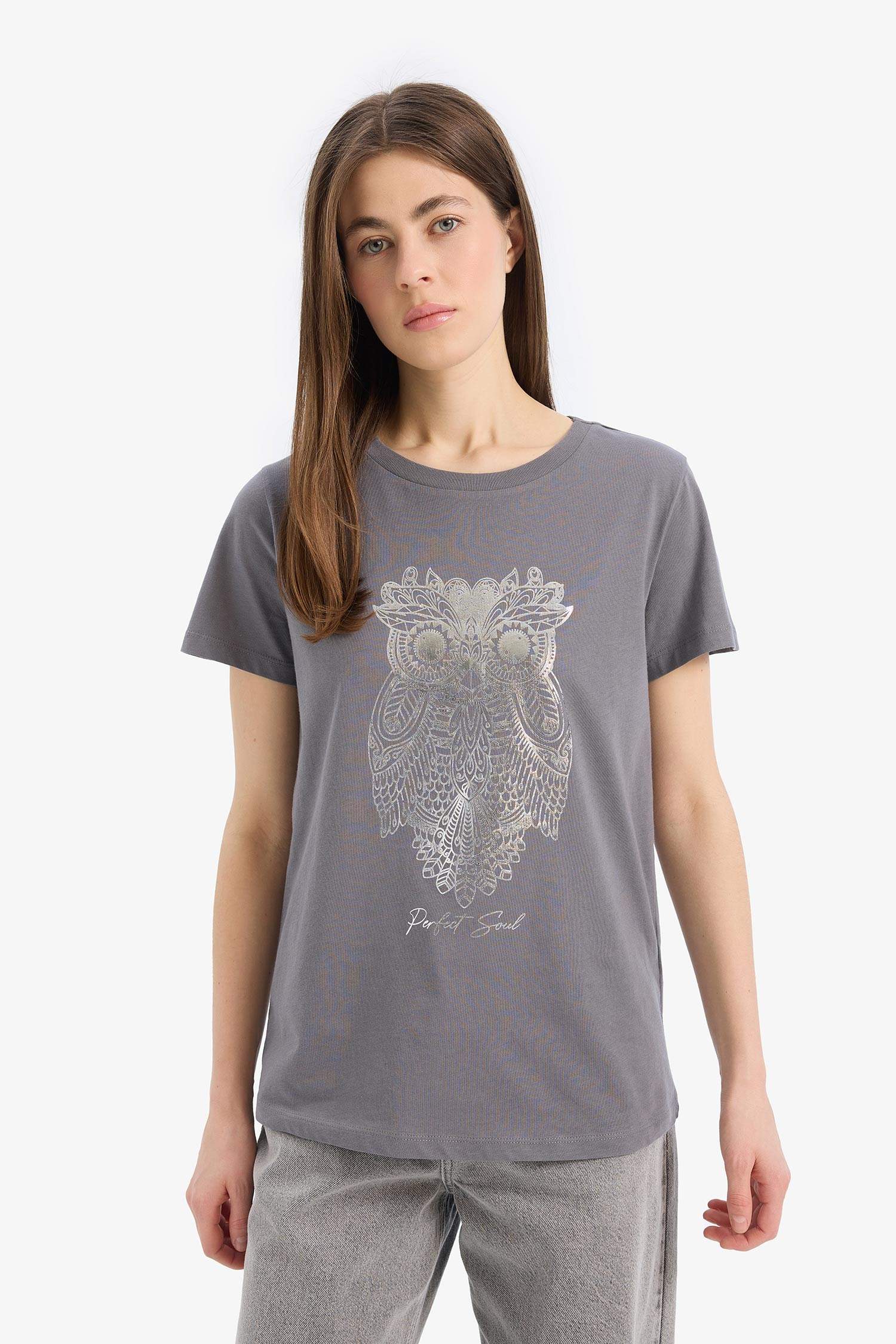 Regular Fit Bisiklet Yaka Baykuş Desenli Penye Kısa Kollu Tişört