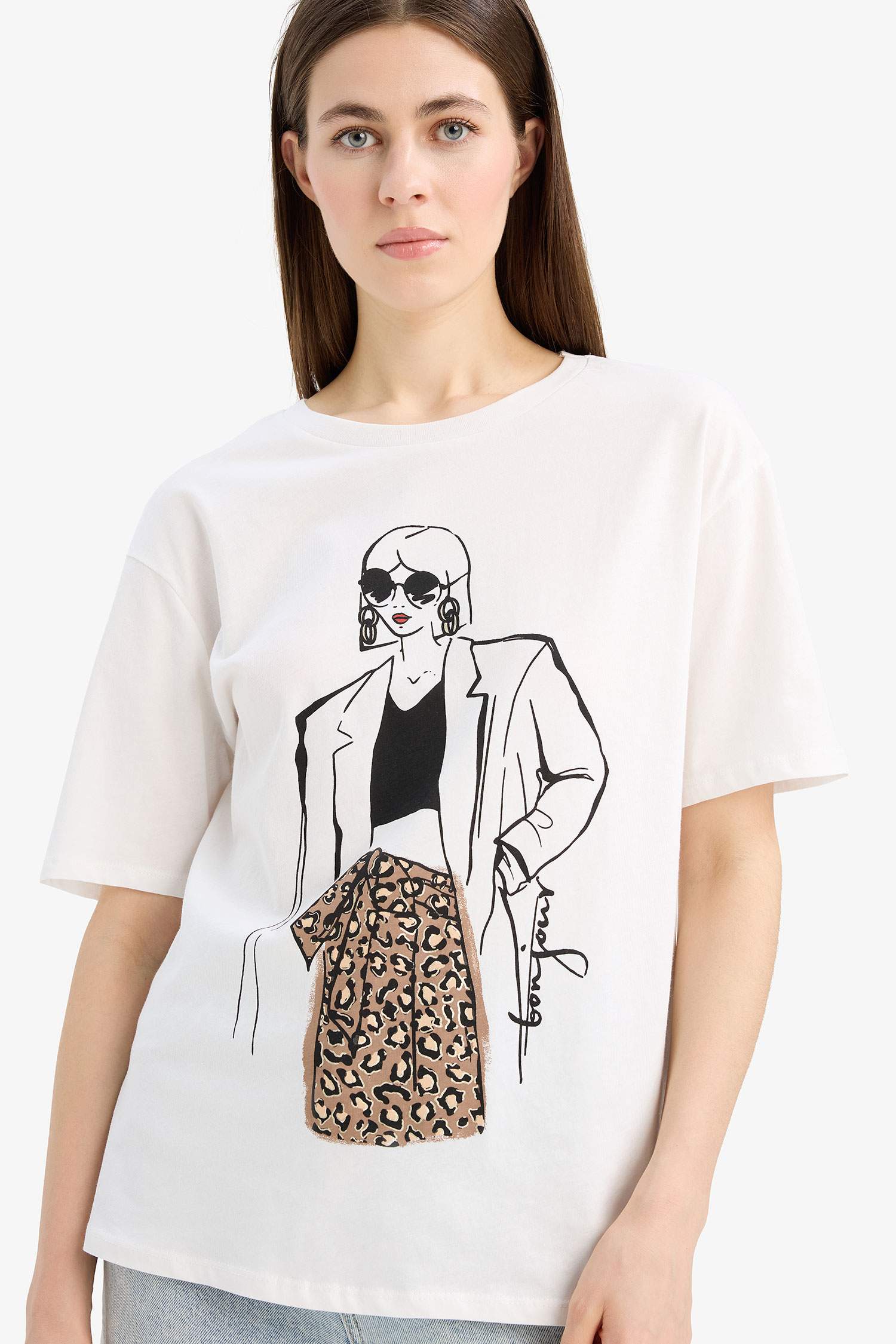 Regular Fit Bisiklet Yaka Kız Baskılı Penye Kısa Kollu Tişört