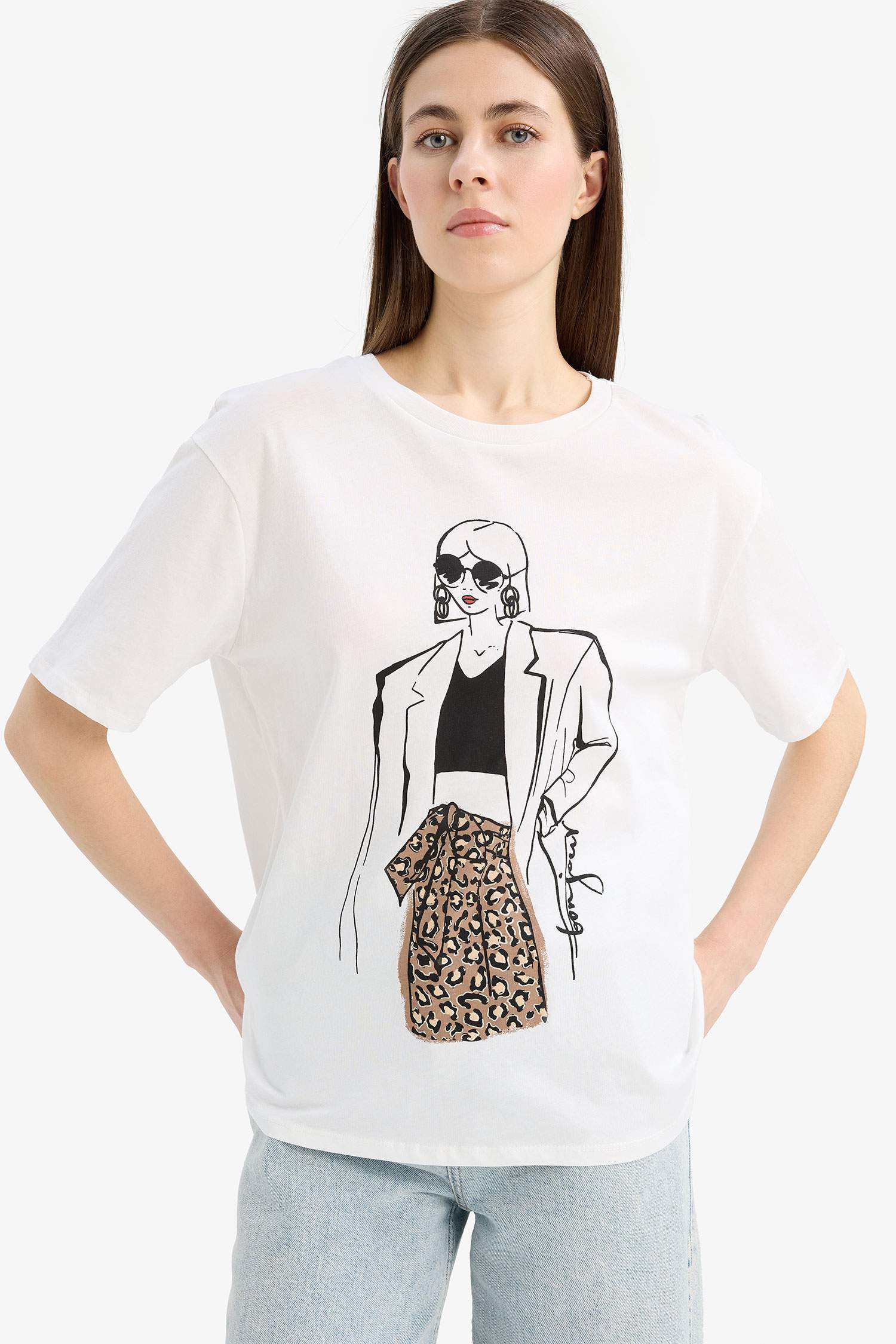 Regular Fit Bisiklet Yaka Kız Baskılı Penye Kısa Kollu Tişört