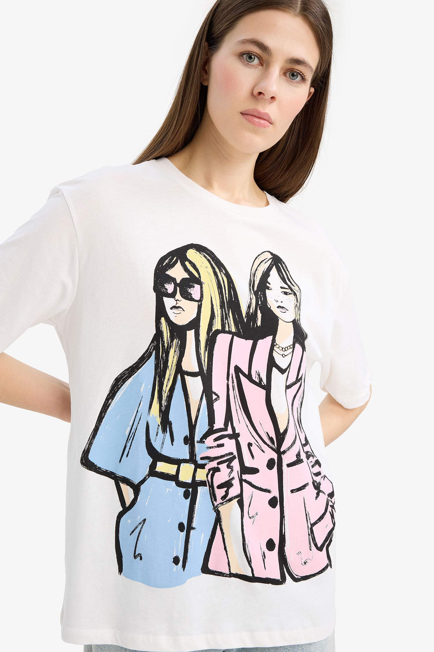 Regular Fit Bisiklet Yaka Kız Baskılı Penye Kısa Kollu Tişört