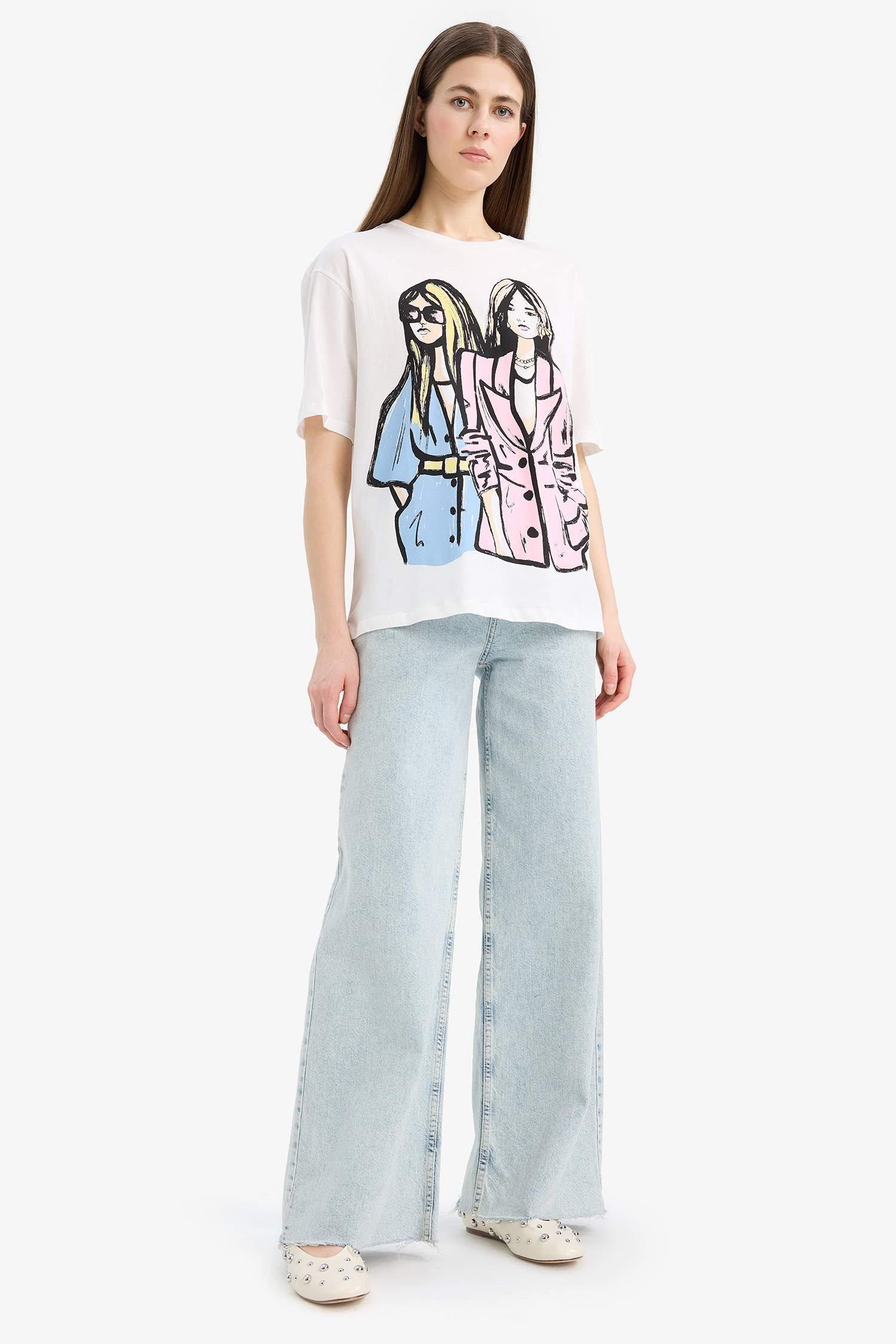 Regular Fit Bisiklet Yaka Kız Baskılı Penye Kısa Kollu Tişört