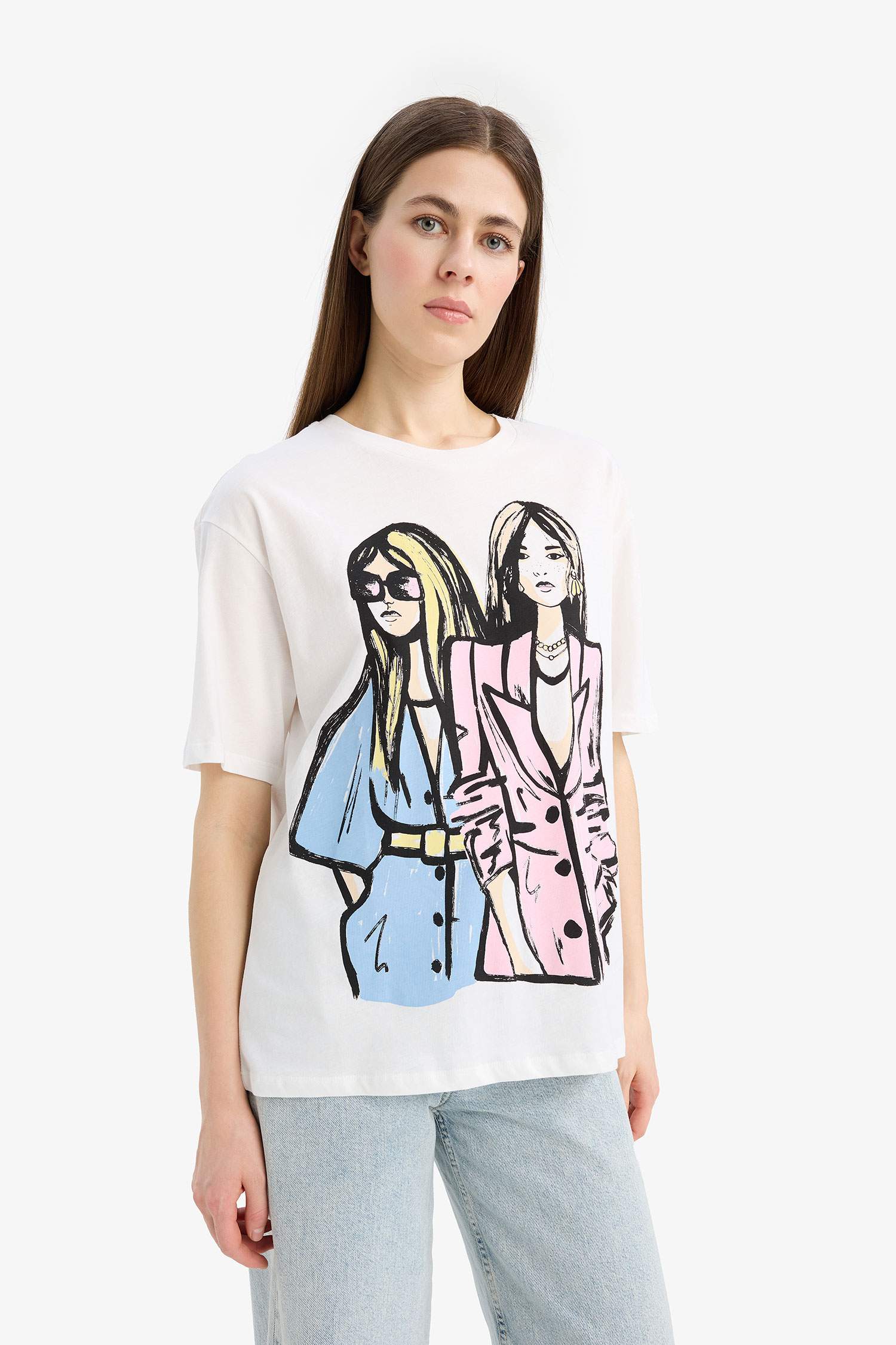 Regular Fit Bisiklet Yaka Kız Baskılı Penye Kısa Kollu Tişört