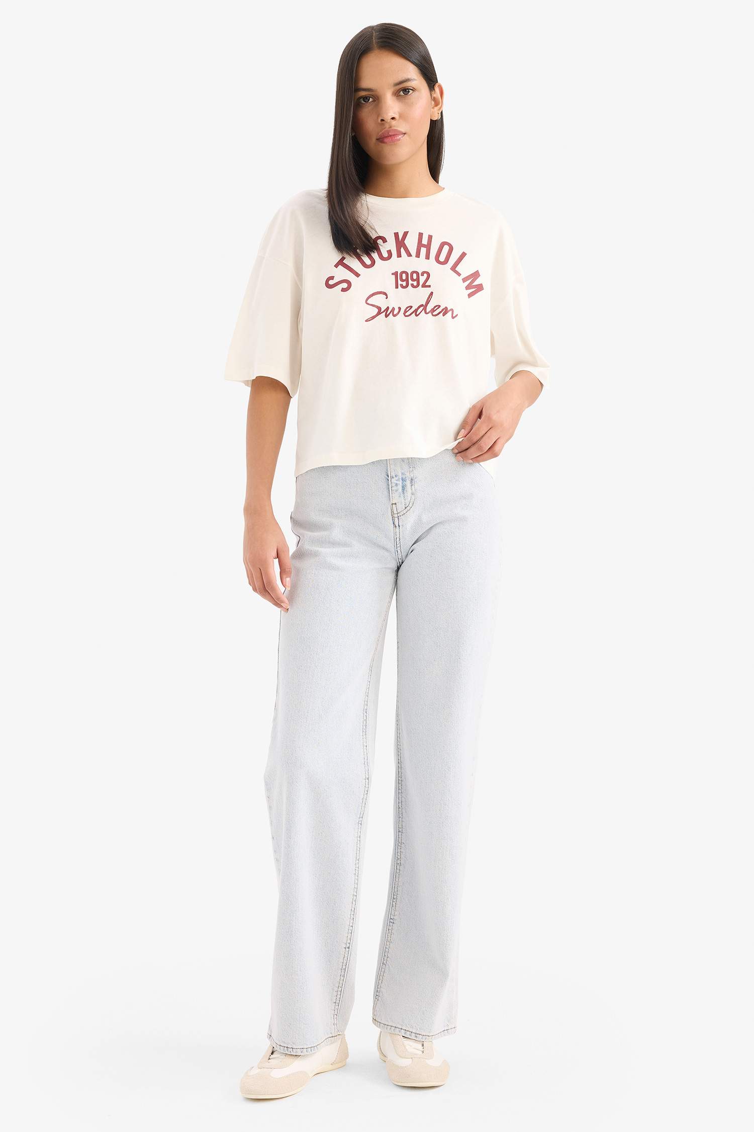 Oversize Geniş Kalıp Bisiklet Yaka Baskılı Penye Kısa Kollu Tişört