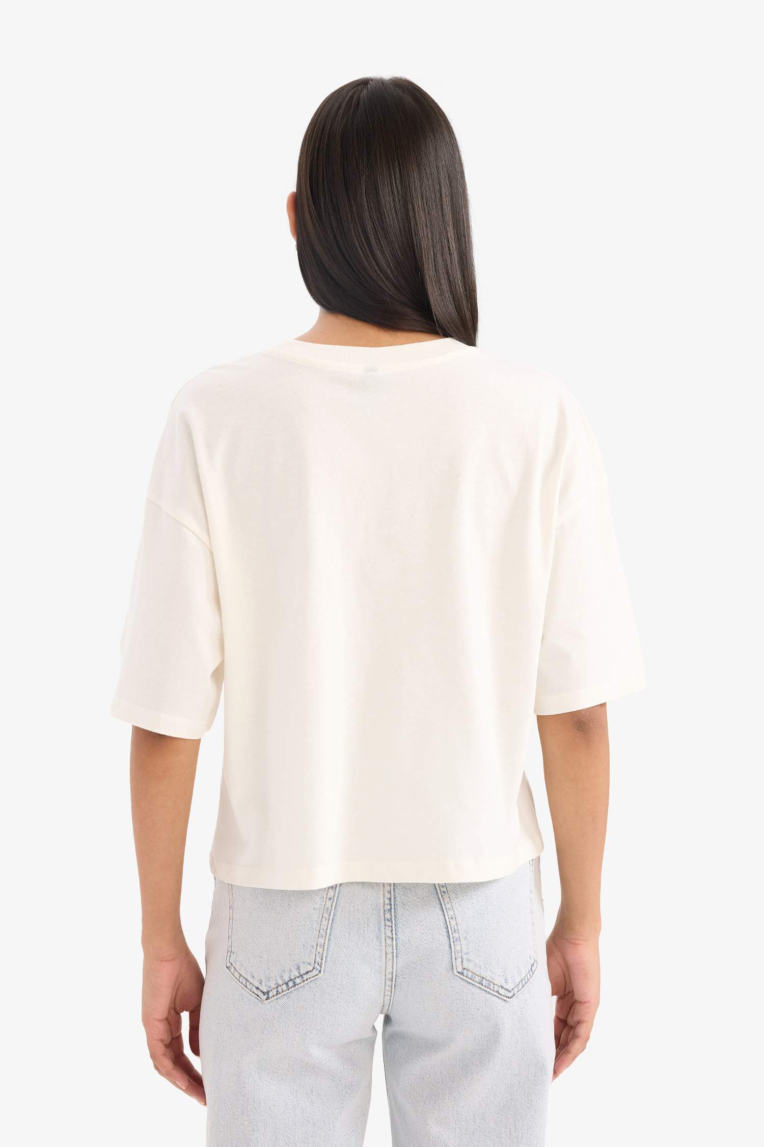 Oversize Geniş Kalıp Bisiklet Yaka Baskılı Penye Kısa Kollu Tişört