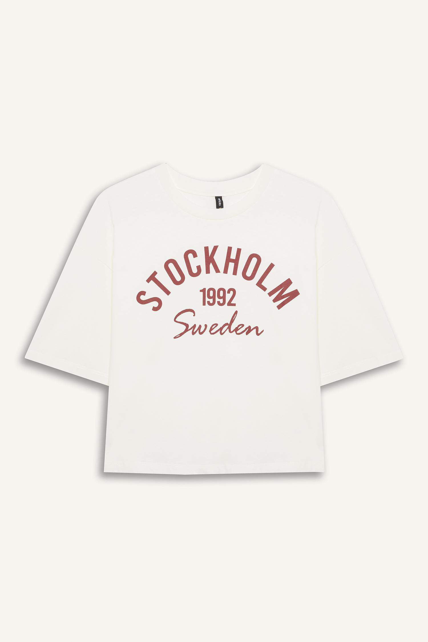 Oversize Geniş Kalıp Bisiklet Yaka Baskılı Penye Kısa Kollu Tişört