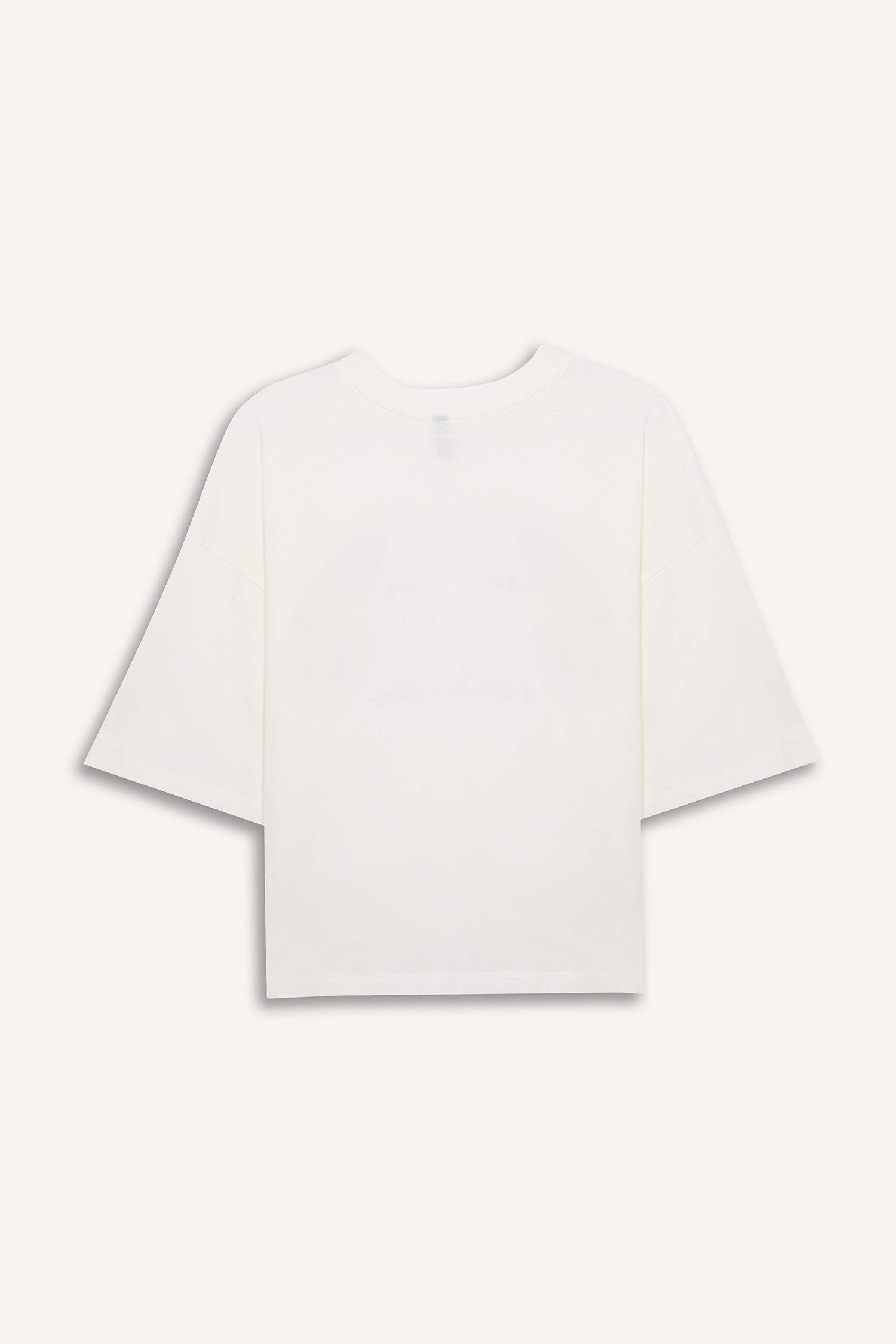 Oversize Geniş Kalıp Bisiklet Yaka Baskılı Penye Kısa Kollu Tişört