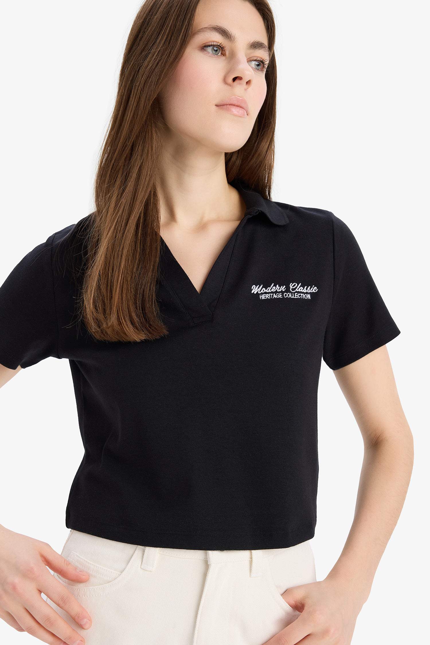 Slim Fit Dar Kesim Polo Yaka Nakış Baskı Baskılı Modal Kısa Kollu Tişört