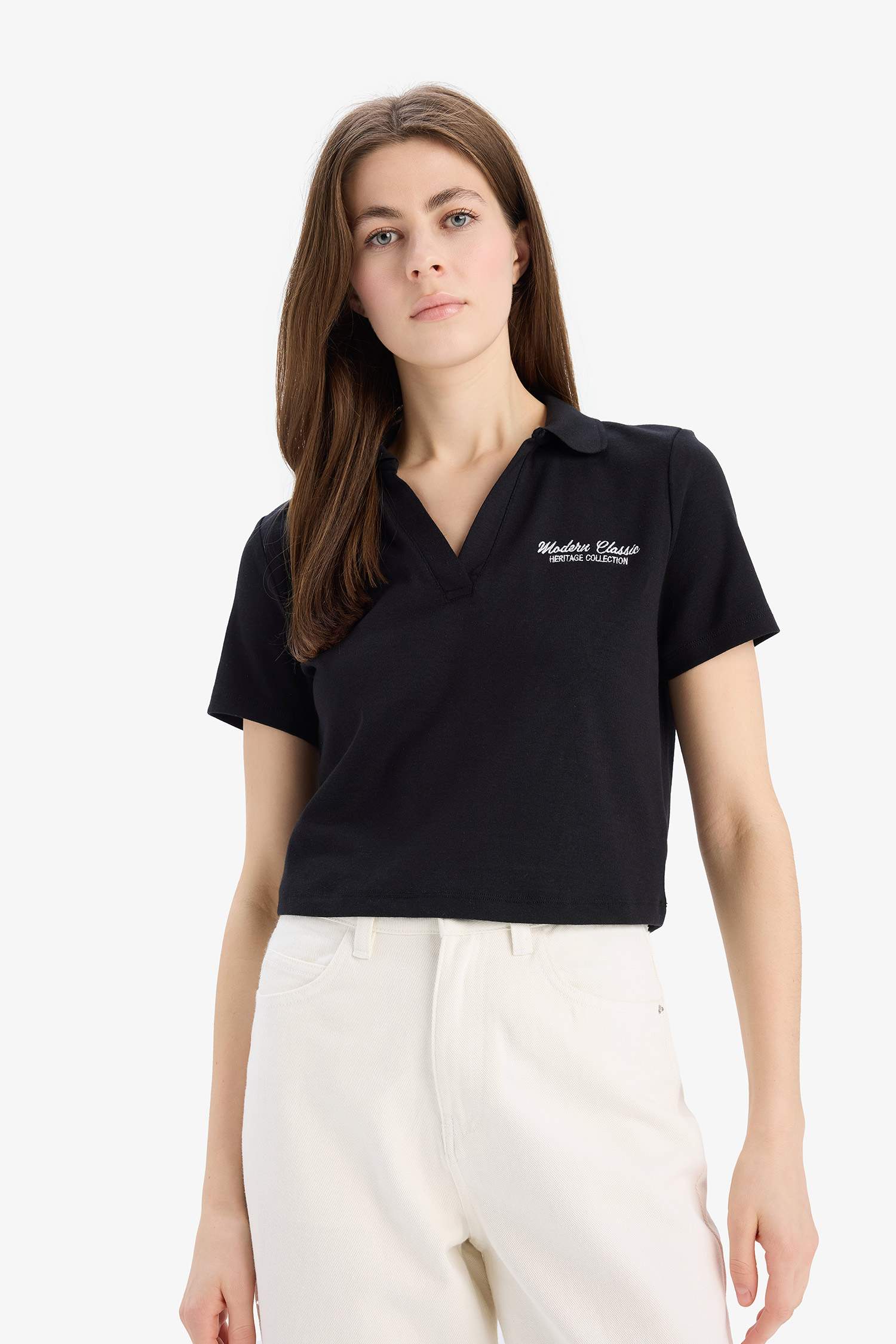 Slim Fit Dar Kesim Polo Yaka Nakış Baskı Baskılı Modal Kısa Kollu Tişört