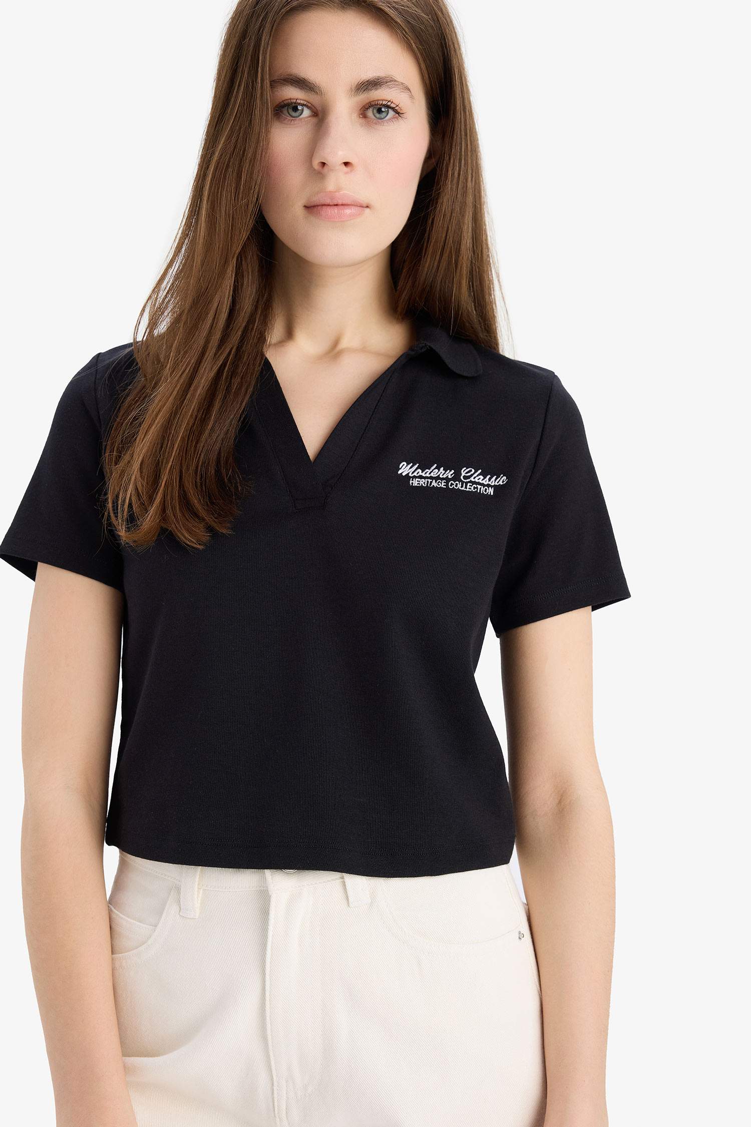 Slim Fit Dar Kesim Polo Yaka Nakış Baskı Baskılı Modal Kısa Kollu Tişört