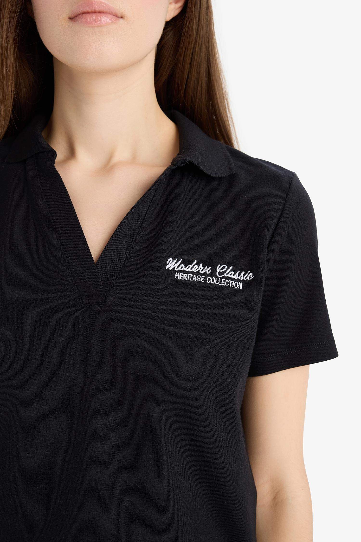 Slim Fit Dar Kesim Polo Yaka Nakış Baskı Baskılı Modal Kısa Kollu Tişört