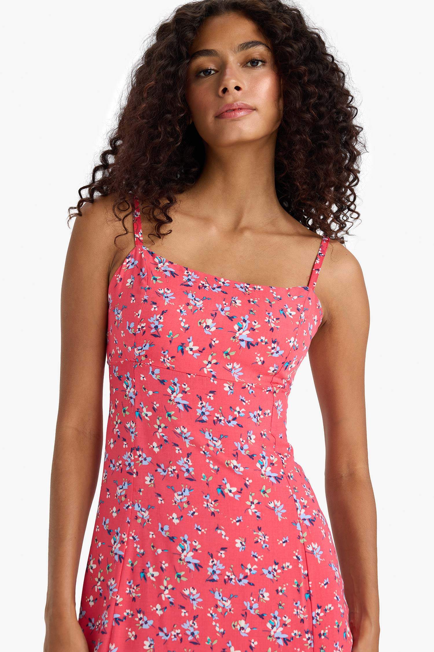 Straight Fit Round Collar Floral Sleeveless Midi Dress