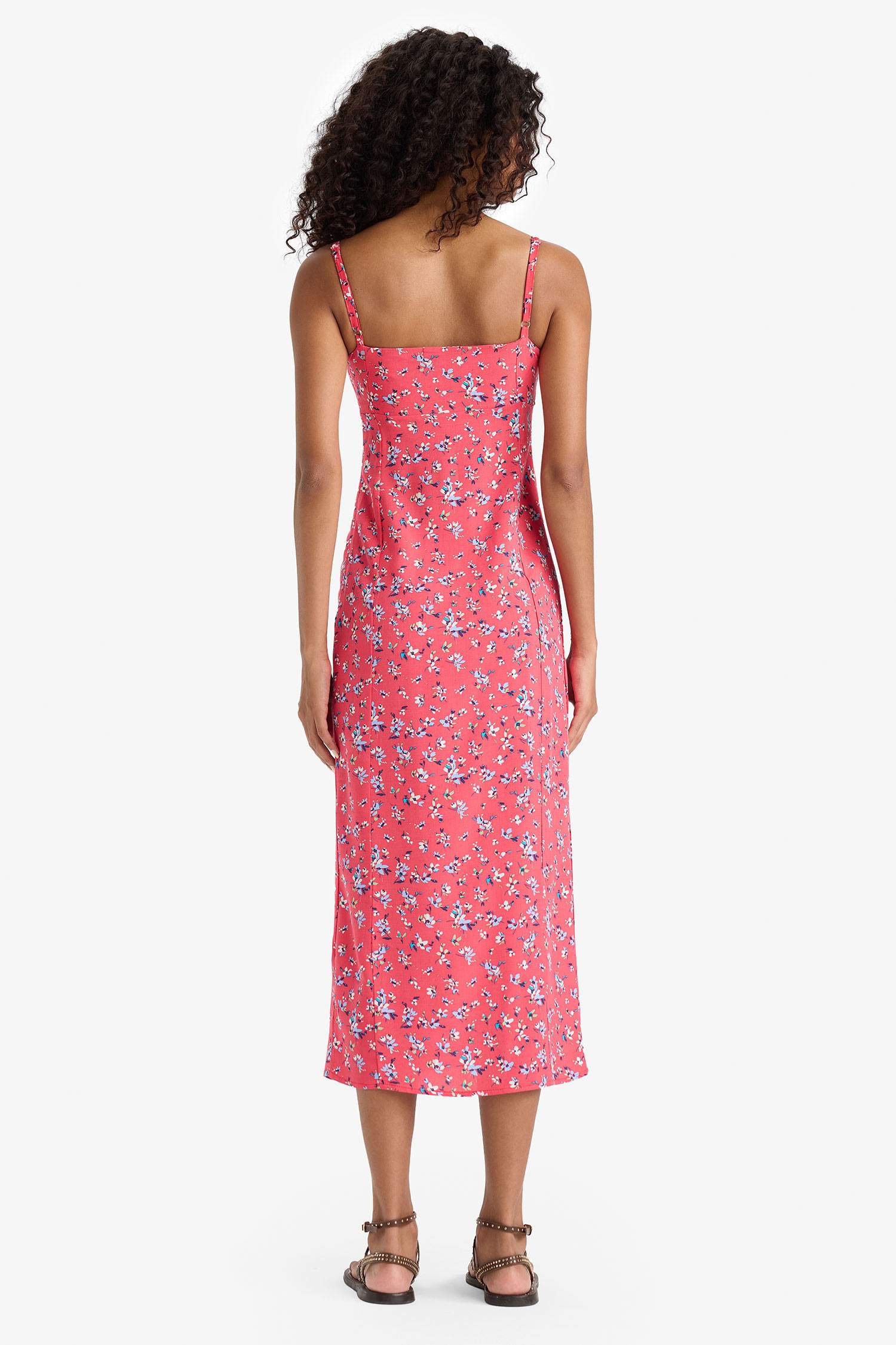 Straight Fit Round Collar Floral Sleeveless Midi Dress
