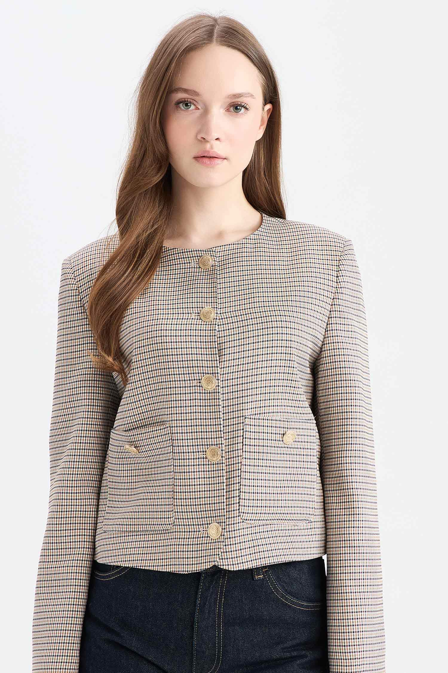 Crew Neck Geometric Patterned Blazer Jacket