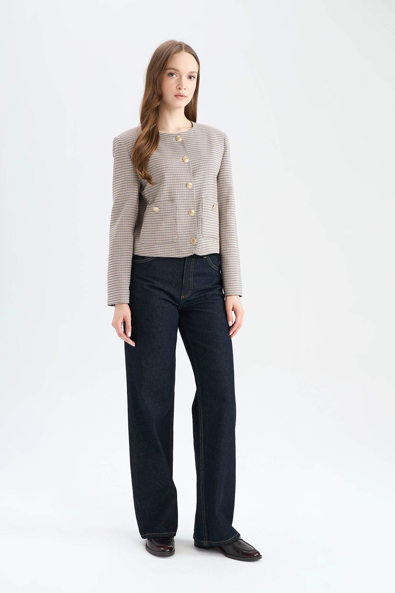 Crew Neck Geometric Patterned Blazer Jacket