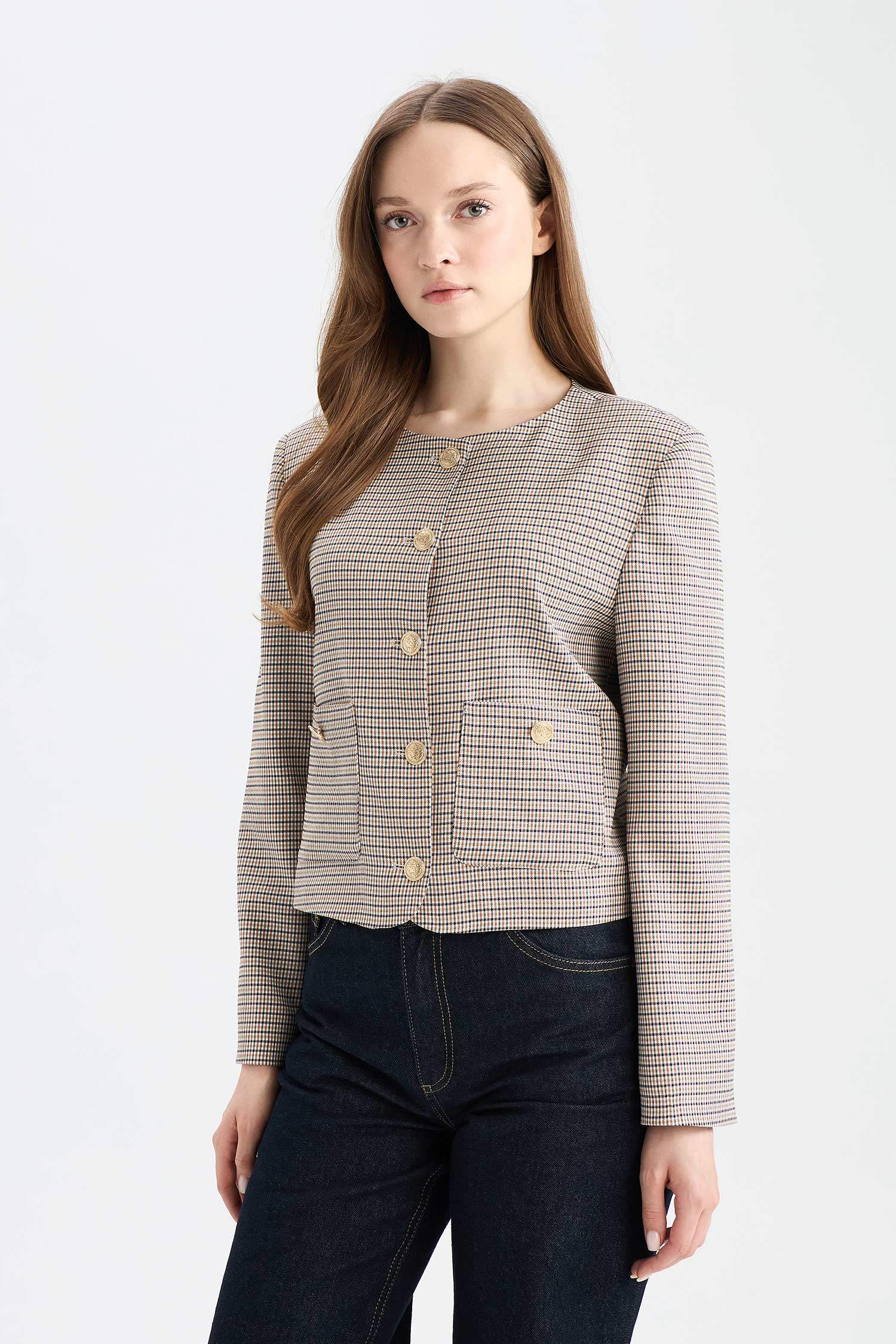 Crew Neck Geometric Patterned Blazer Jacket