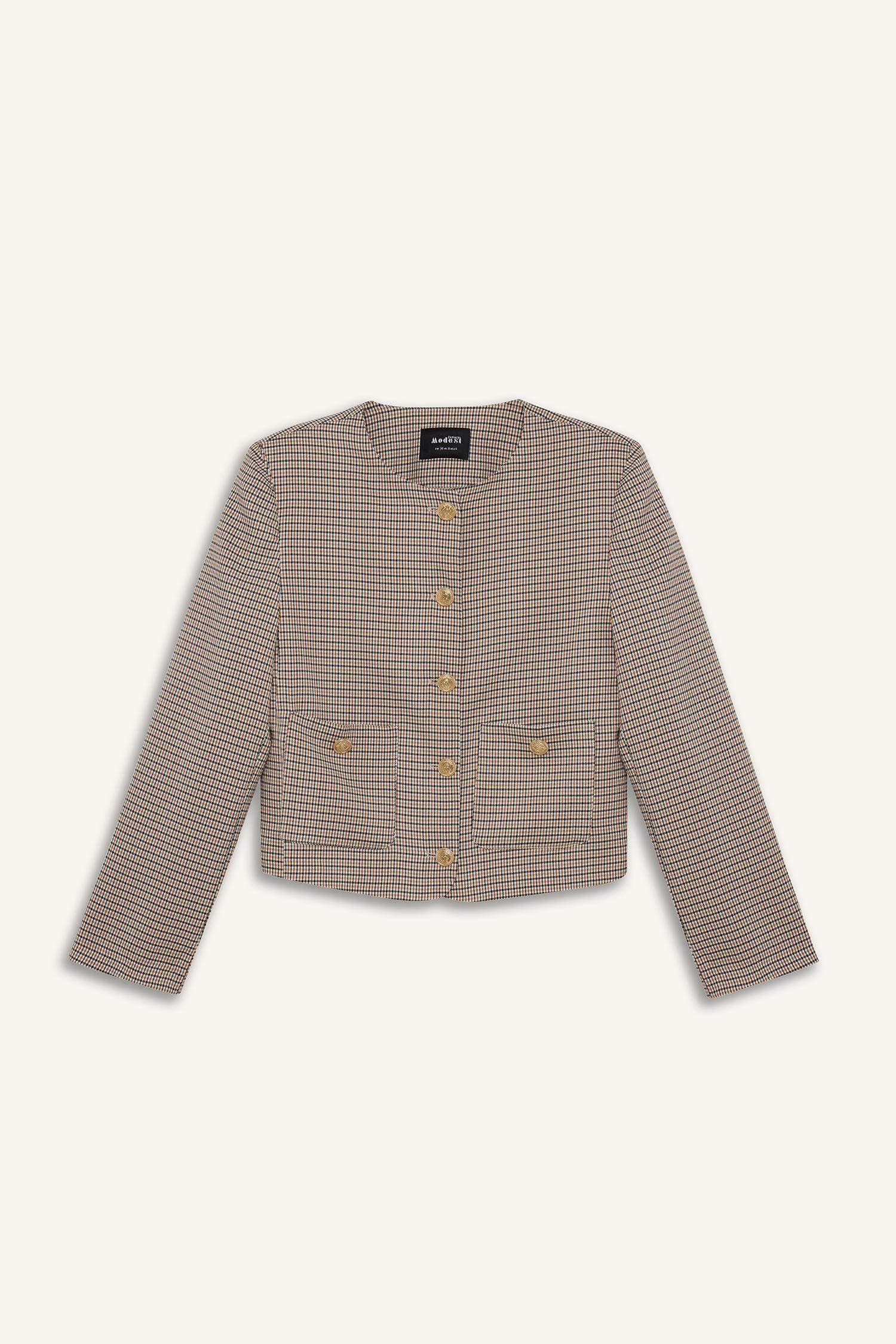 Crew Neck Geometric Patterned Blazer Jacket