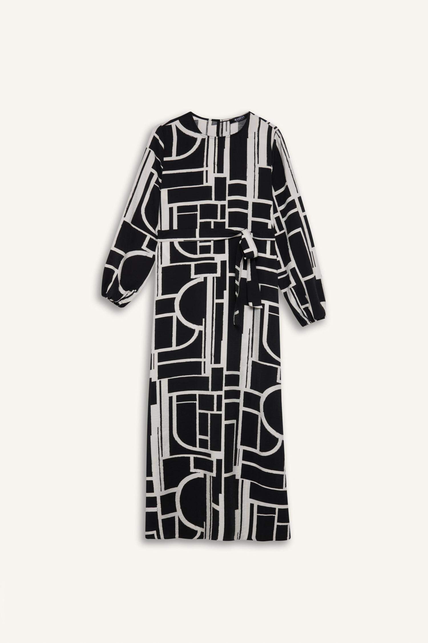 فستان طويل مطبوع كم طويل قصة عادية بياقة مستديرة بحزام