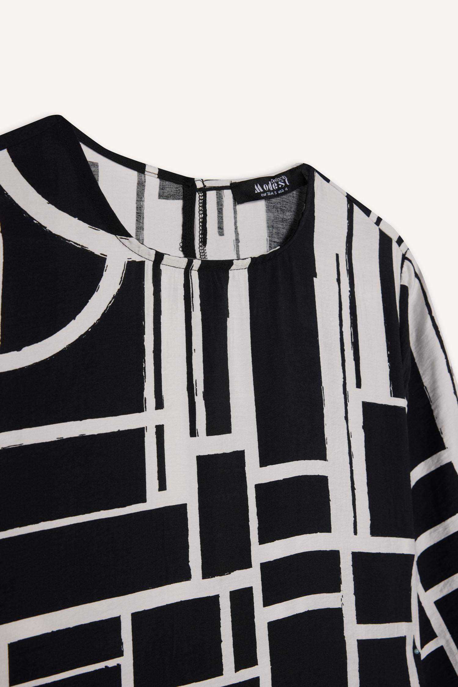 فستان طويل مطبوع كم طويل قصة عادية بياقة مستديرة بحزام