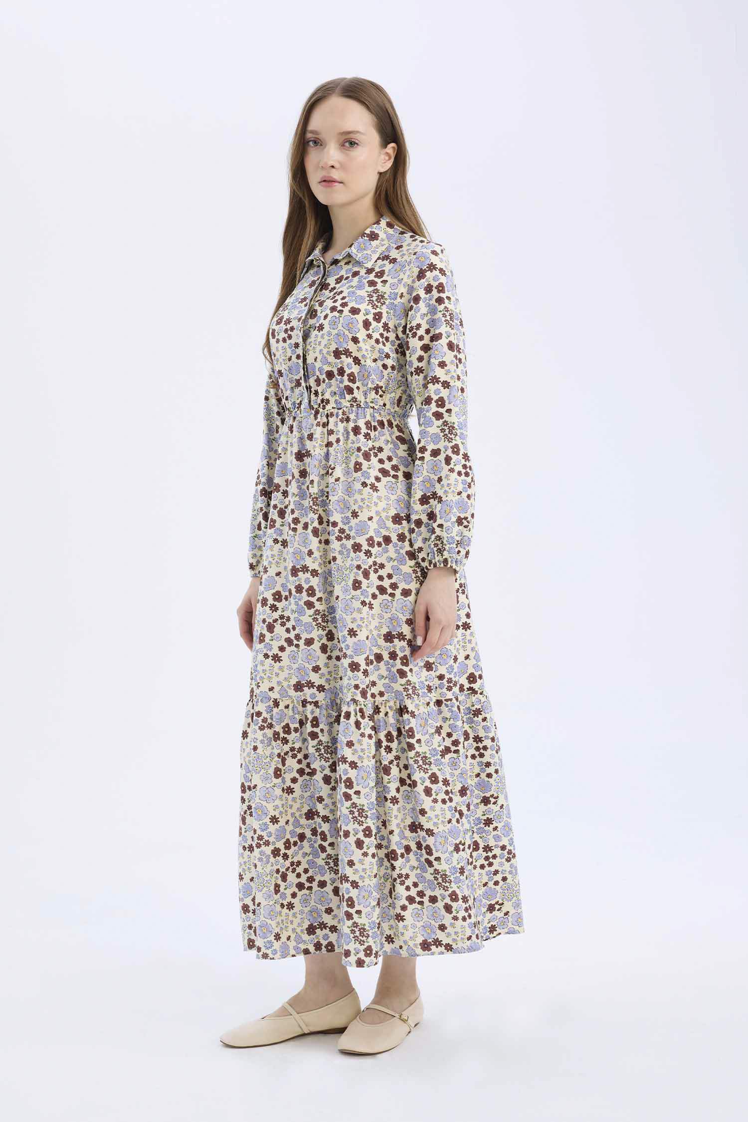 Shirt Collar Patterned Long Sleeve Maxi Dress
