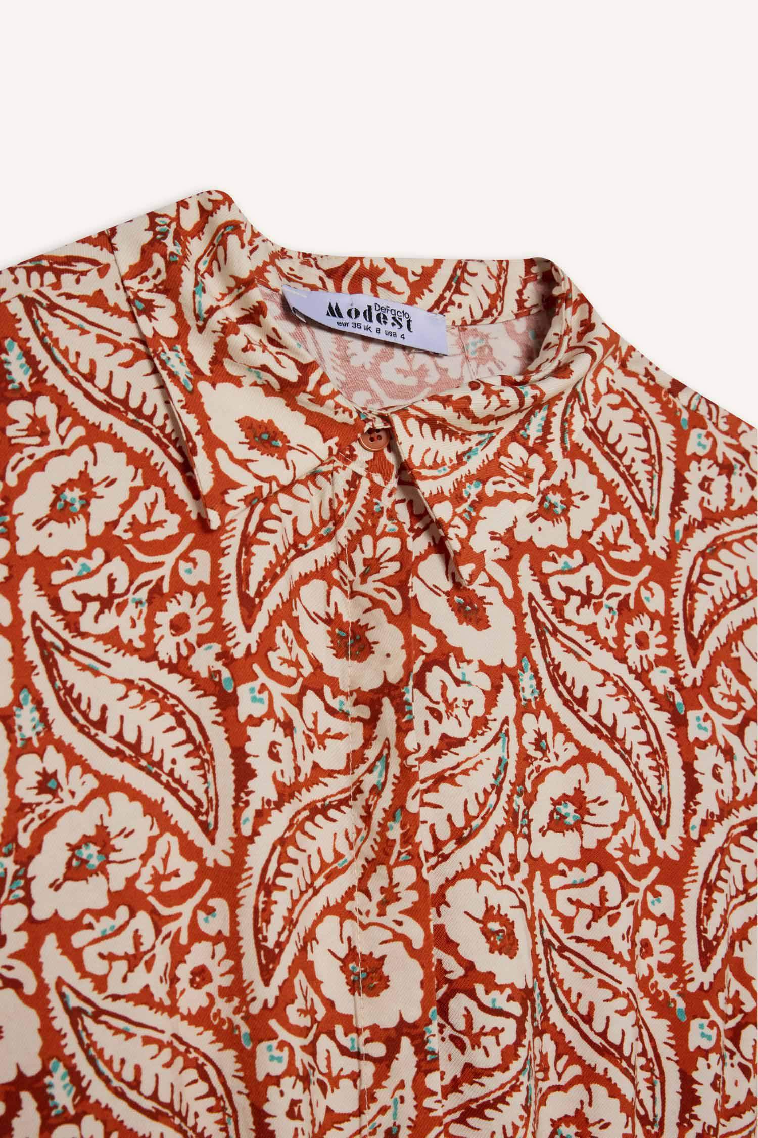 Gömlek Yaka Desenli Uzun Kollu Maxi Elbise