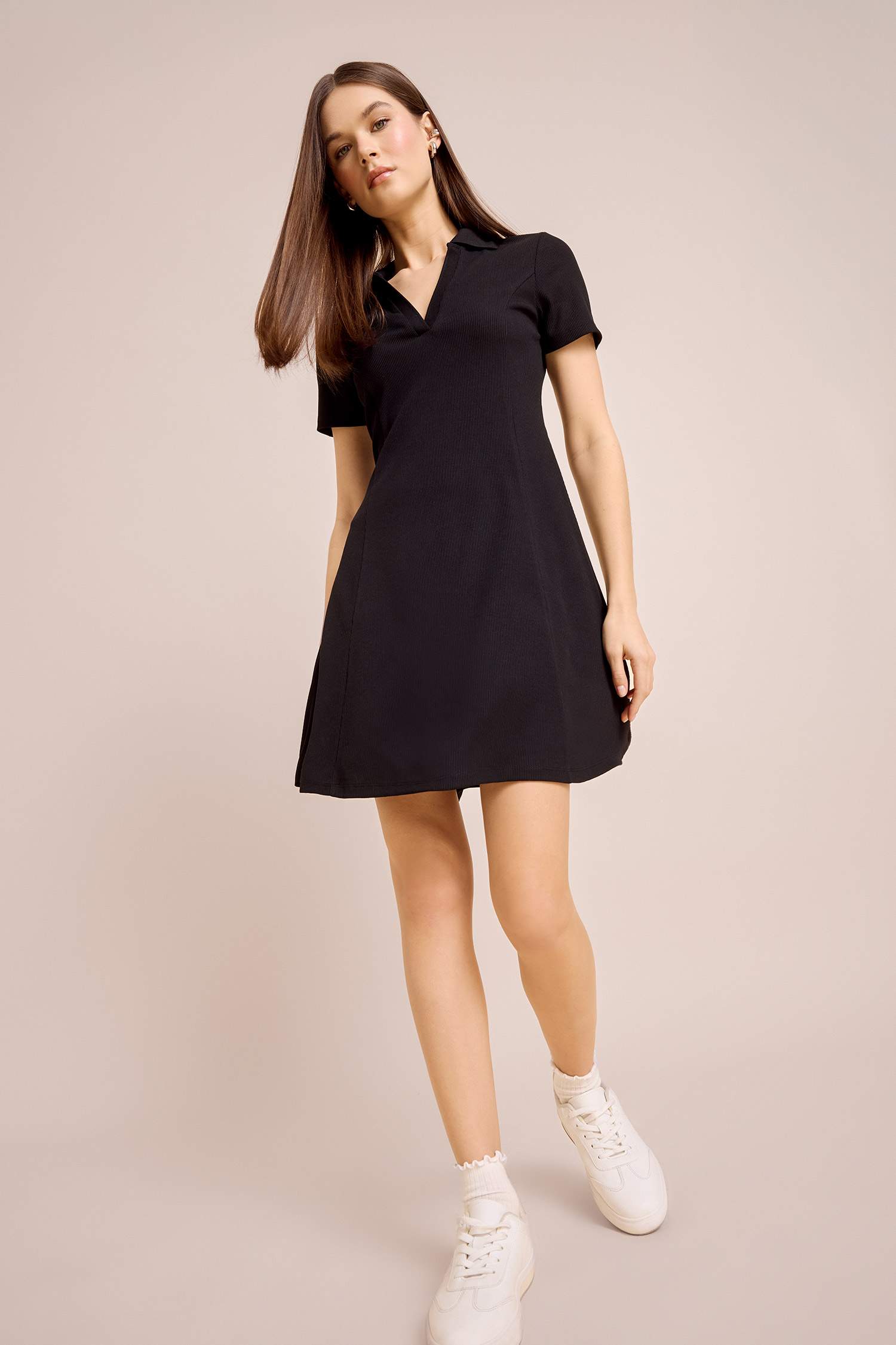 Polo Yaka Fitilli Kaşkorse Kısa Kollu Mini Elbise