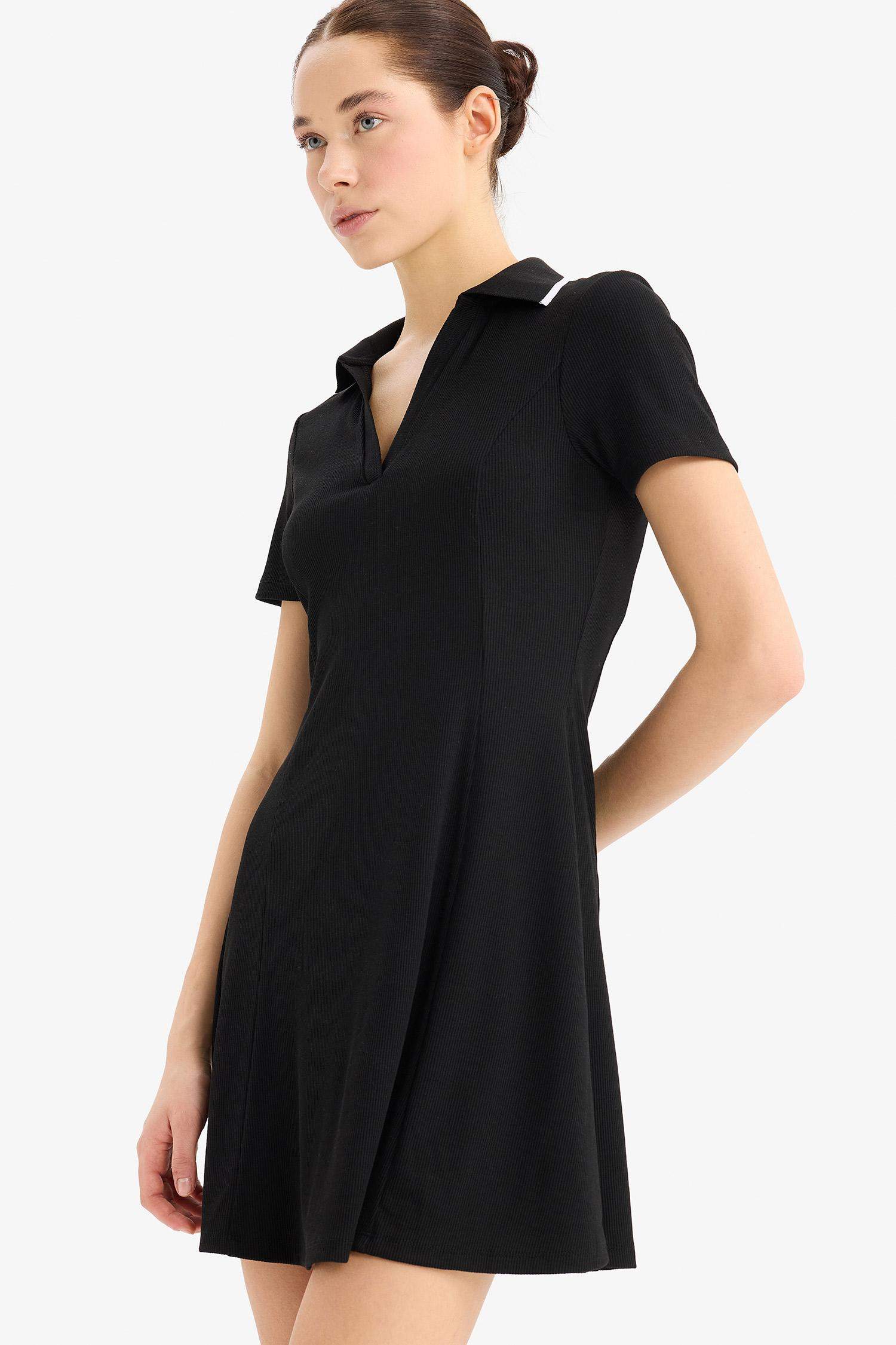 Polo Yaka Fitilli Kaşkorse Kısa Kollu Mini Elbise