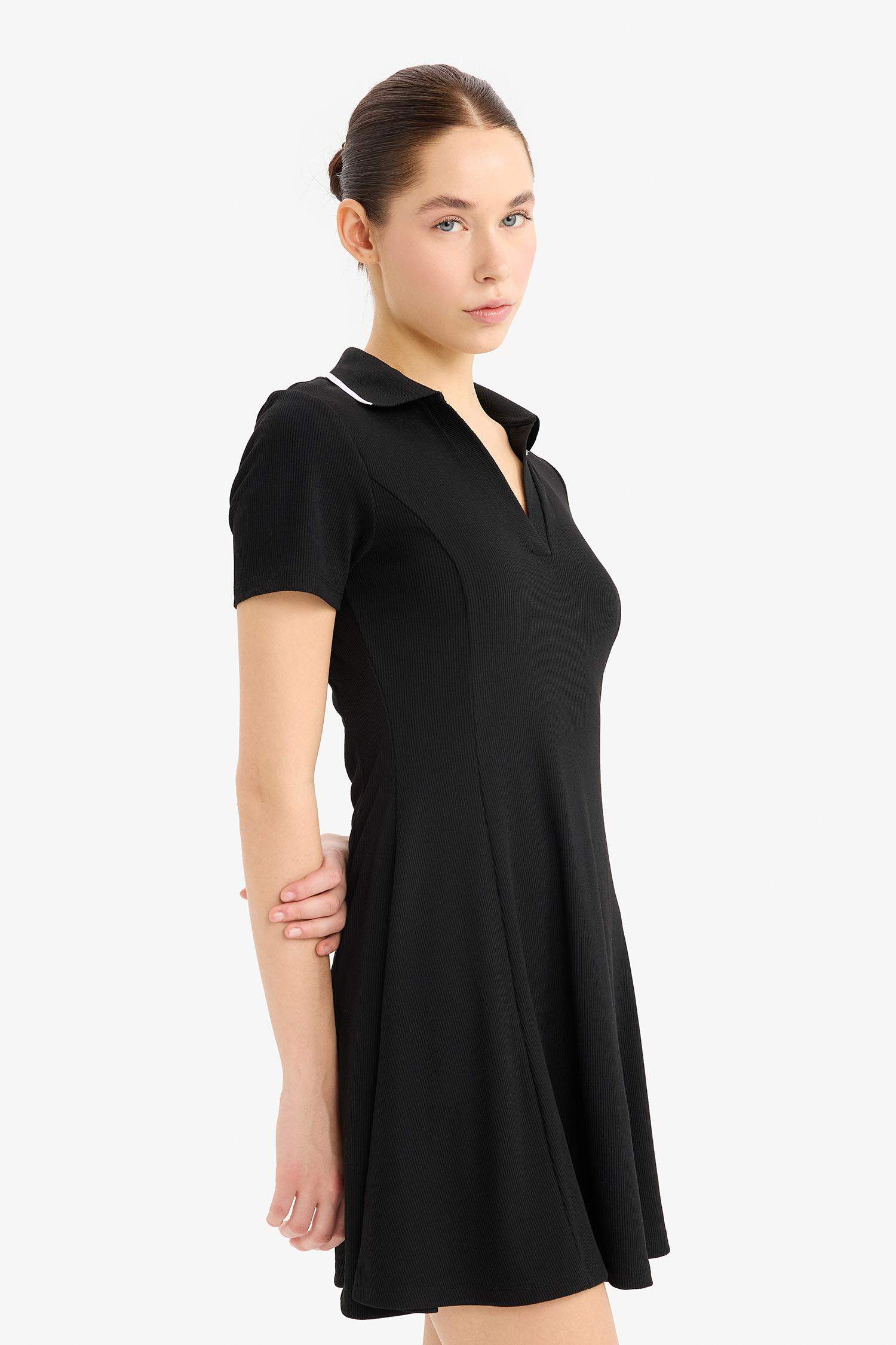 Polo Yaka Fitilli Kaşkorse Kısa Kollu Mini Elbise