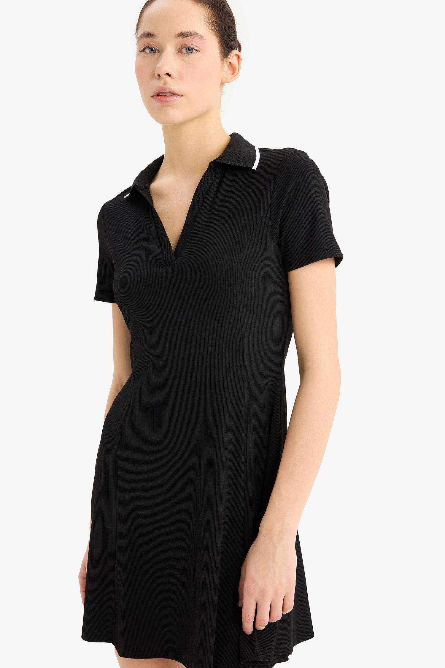 Polo Yaka Fitilli Kaşkorse Kısa Kollu Mini Elbise