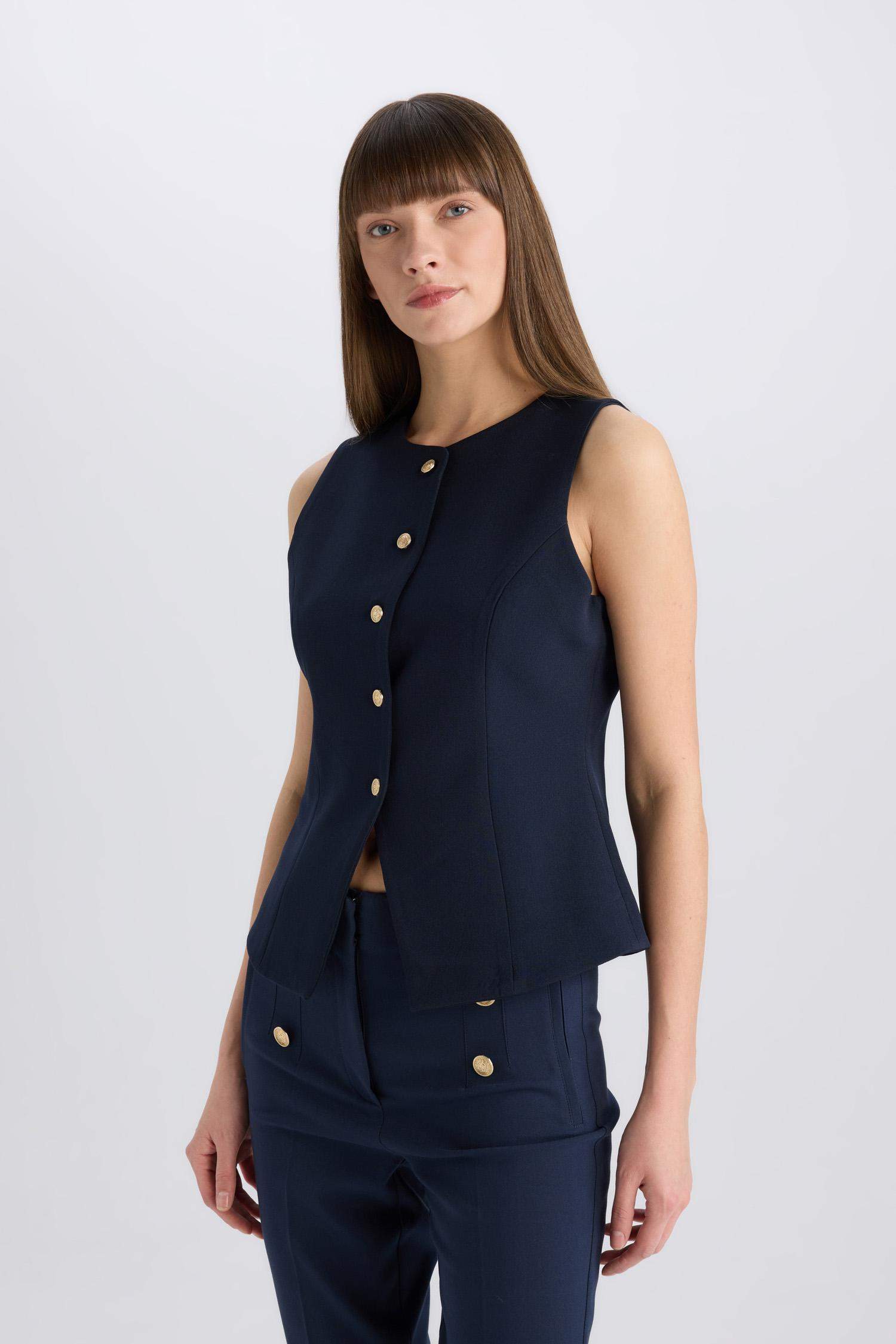 Regular Fit Bisiklet Yaka Düğmeli Blazer Yelek