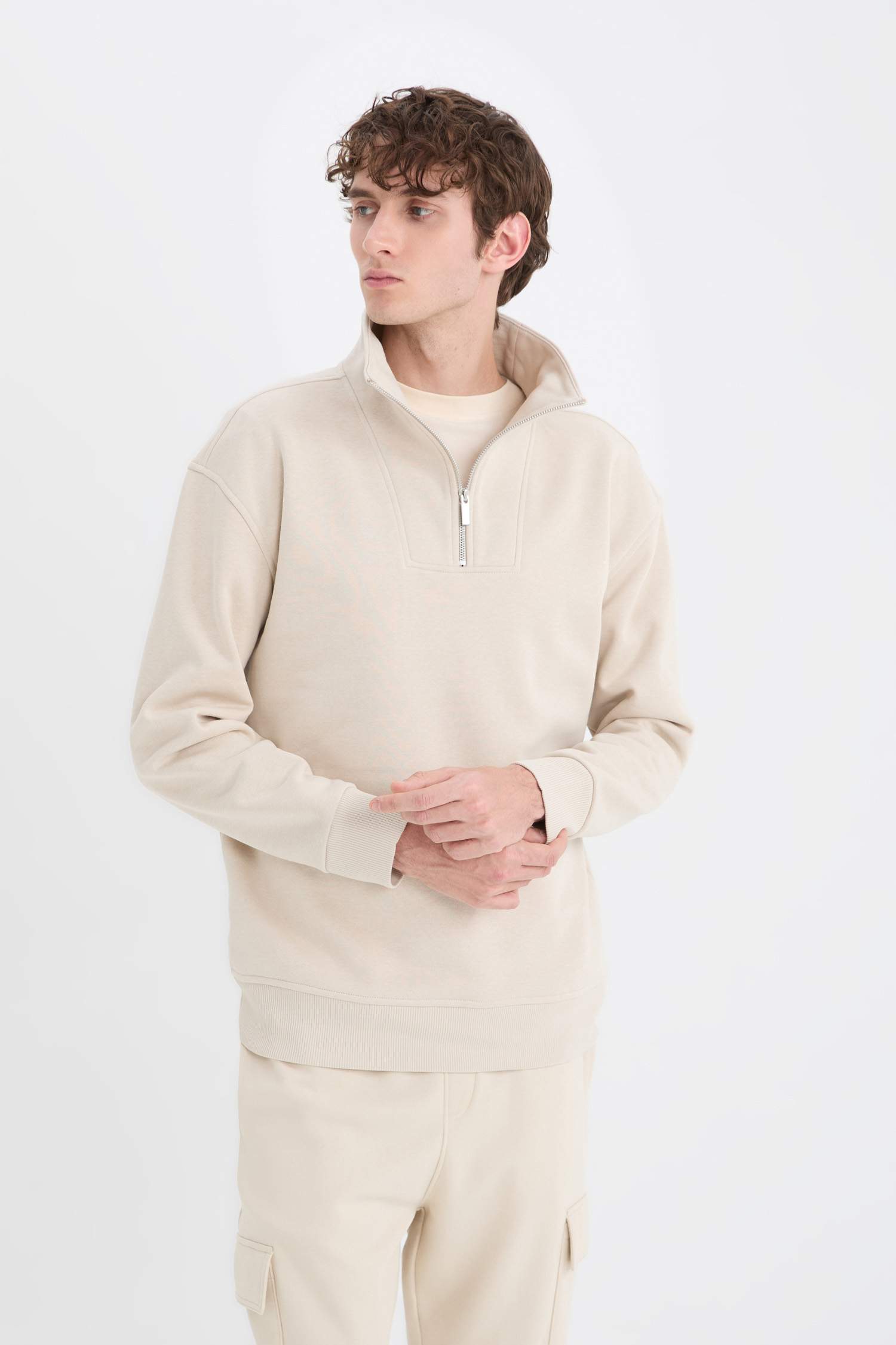 Relax Fit Stand Collar Zippered Basic Thick Sweatshirt