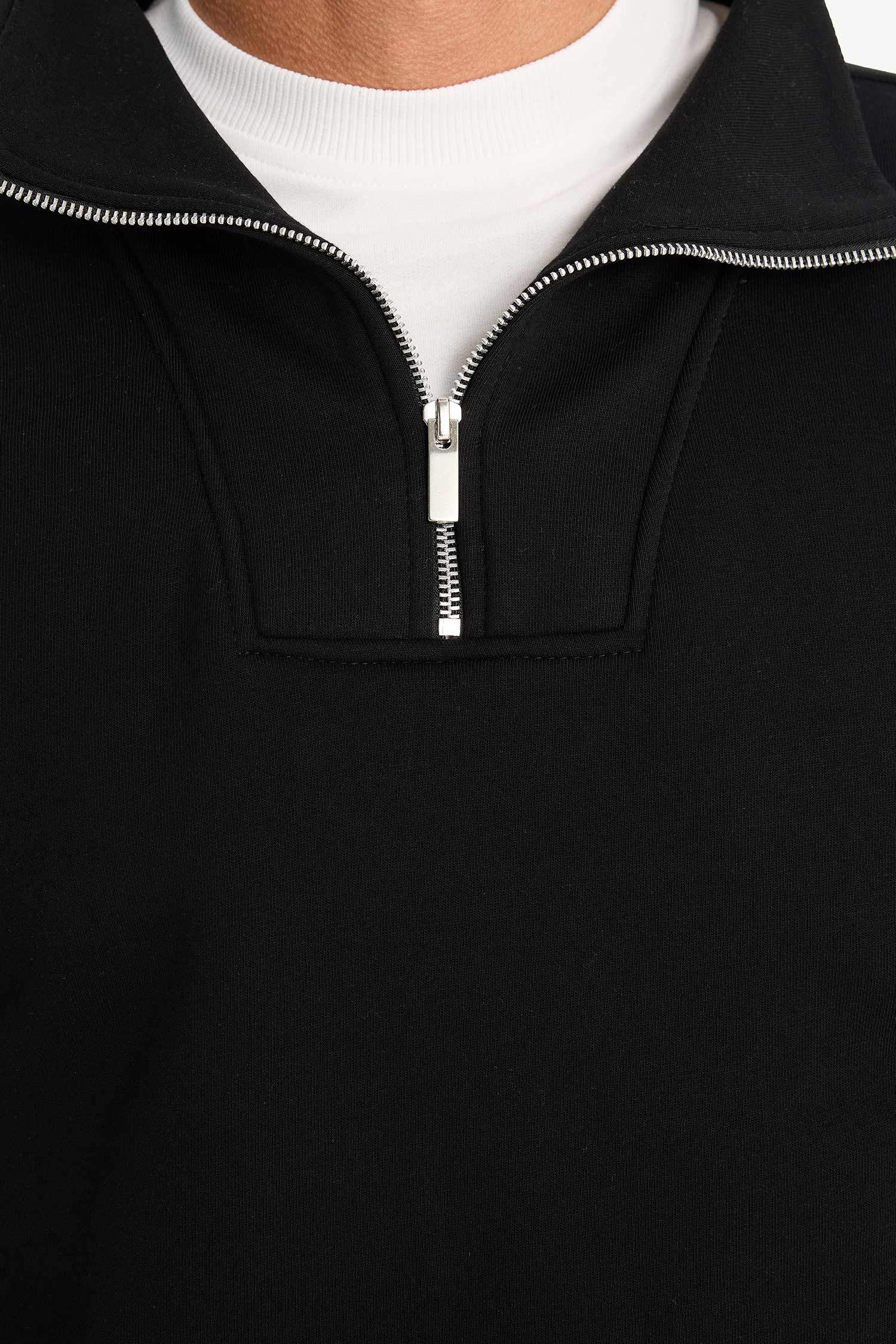 Relax Fit Dik Yaka Fermuarlı Basic Düz Kalın Sweatshirt