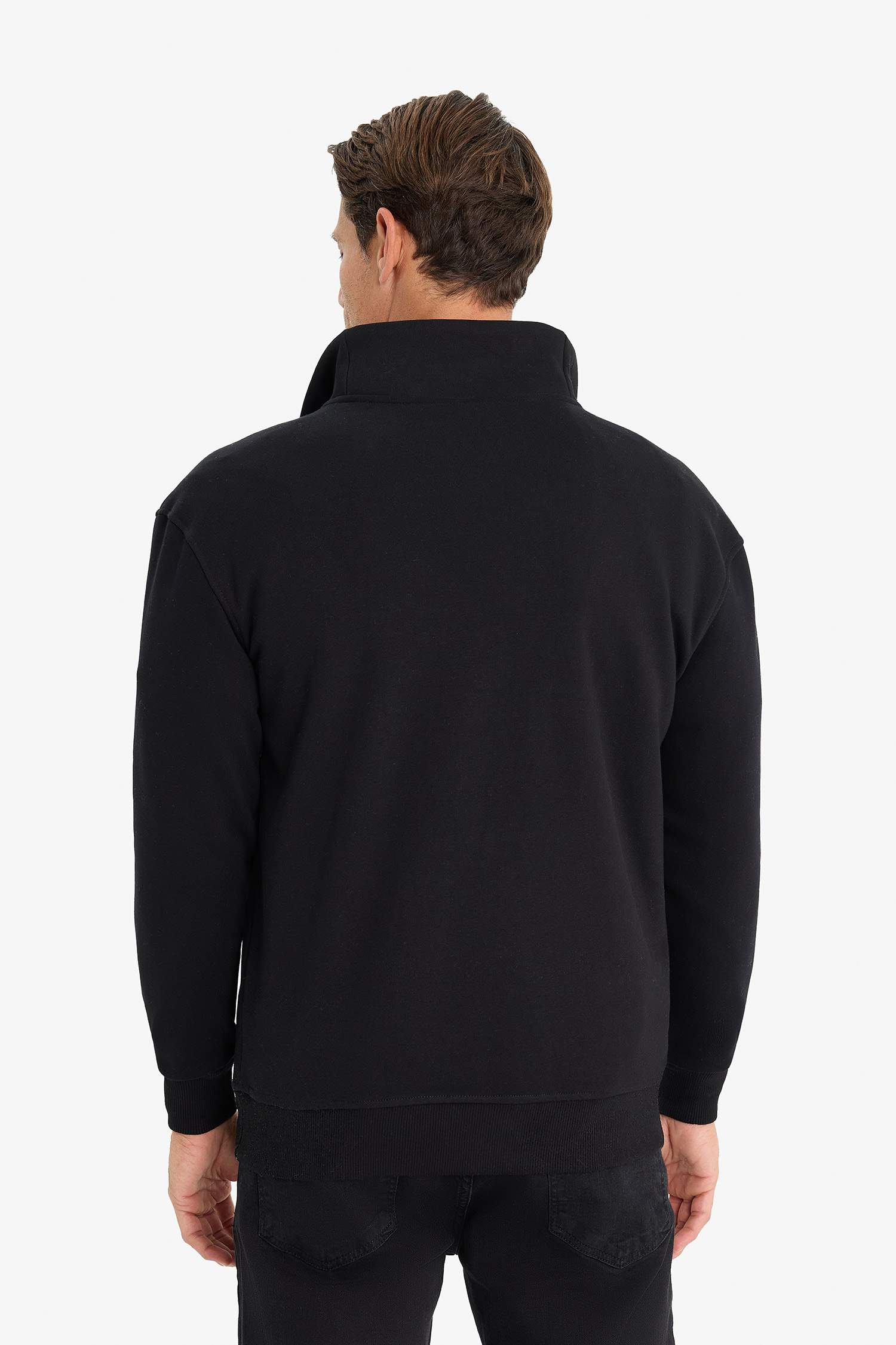 Relax Fit Dik Yaka Fermuarlı Basic Düz Kalın Sweatshirt