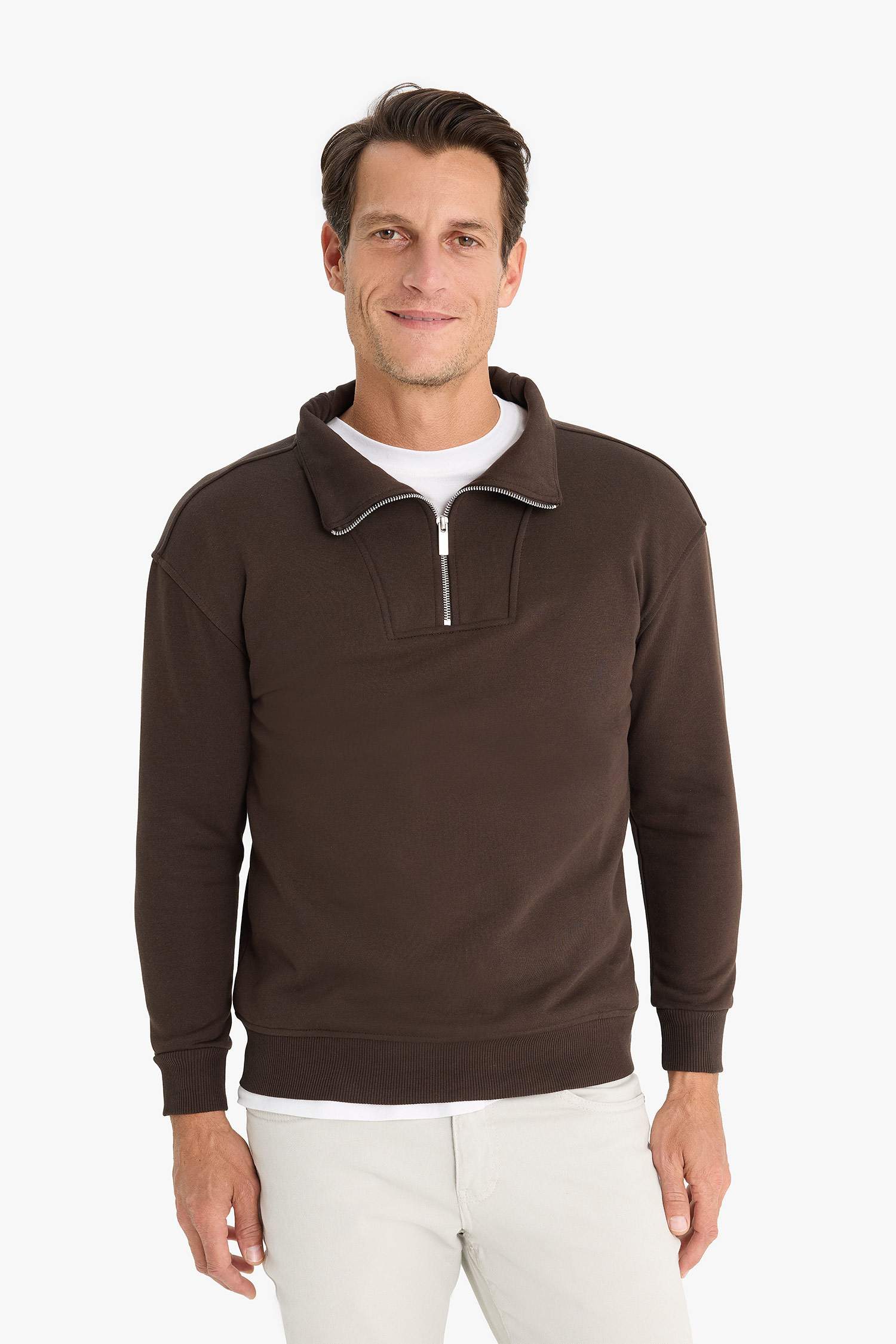 Relax Fit Dik Yaka Fermuarlı Basic Düz Kalın Sweatshirt