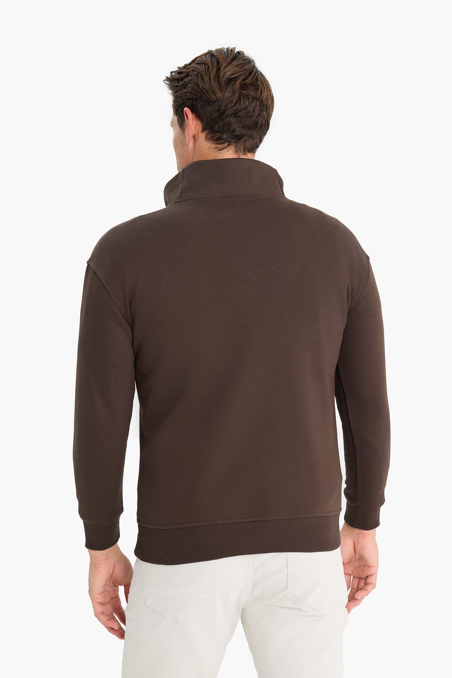 Relax Fit Dik Yaka Fermuarlı Basic Düz Kalın Sweatshirt