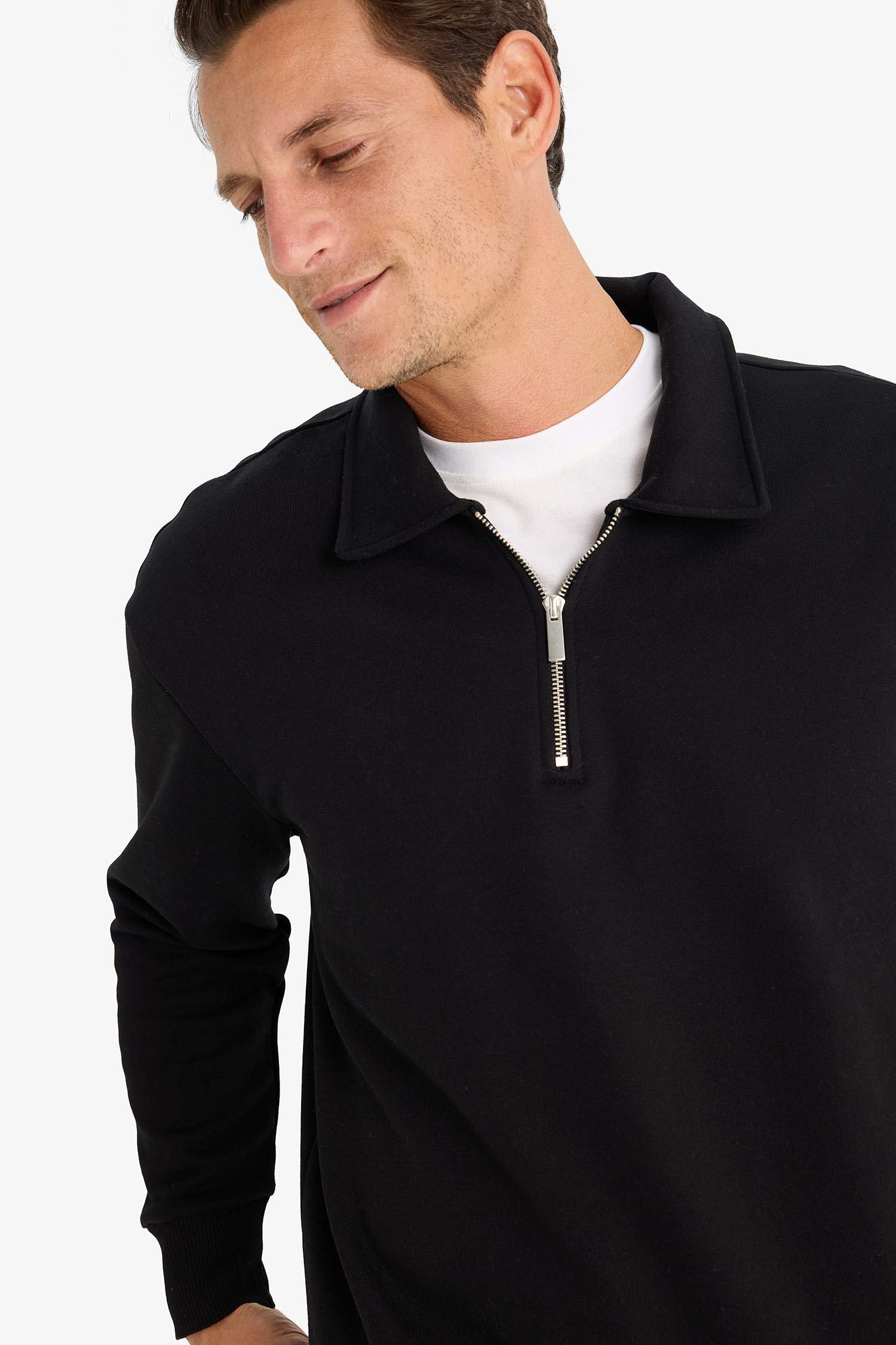 Relax Fit Polo Yaka Fermuarlı Basic Düz Kalın Sweatshirt