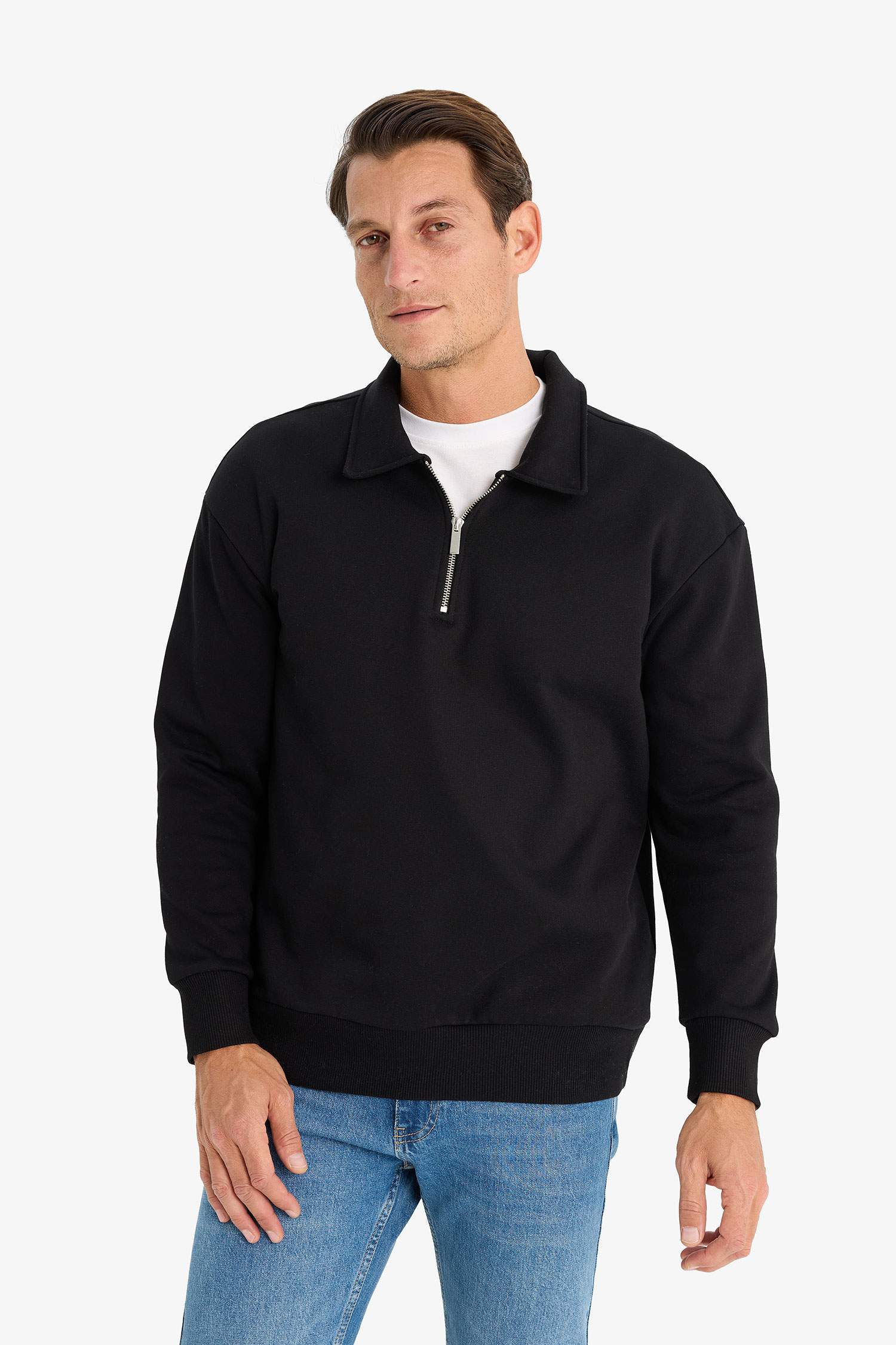 Relax Fit Polo Yaka Fermuarlı Basic Düz Kalın Sweatshirt