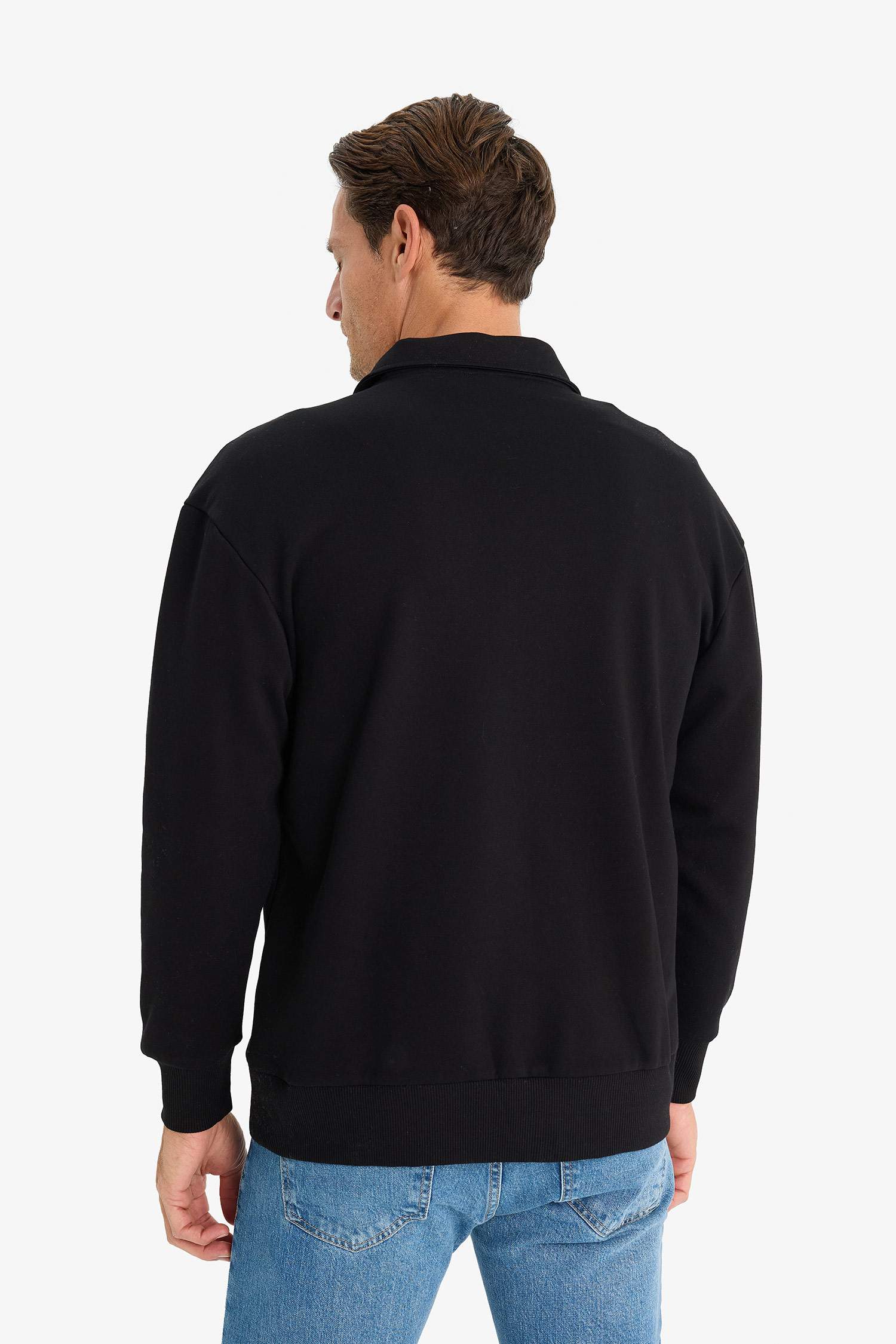 Relax Fit Polo Yaka Fermuarlı Basic Düz Kalın Sweatshirt