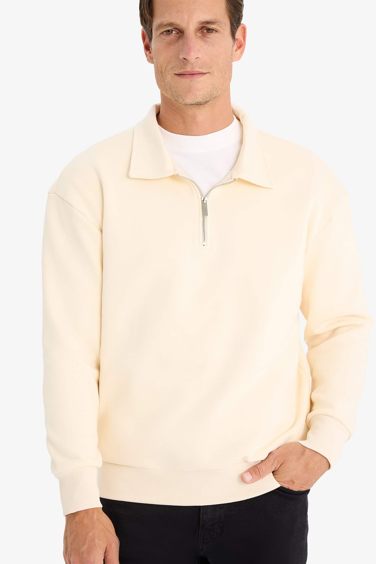 Relax Fit Polo Yaka Fermuarlı Basic Düz Kalın Sweatshirt