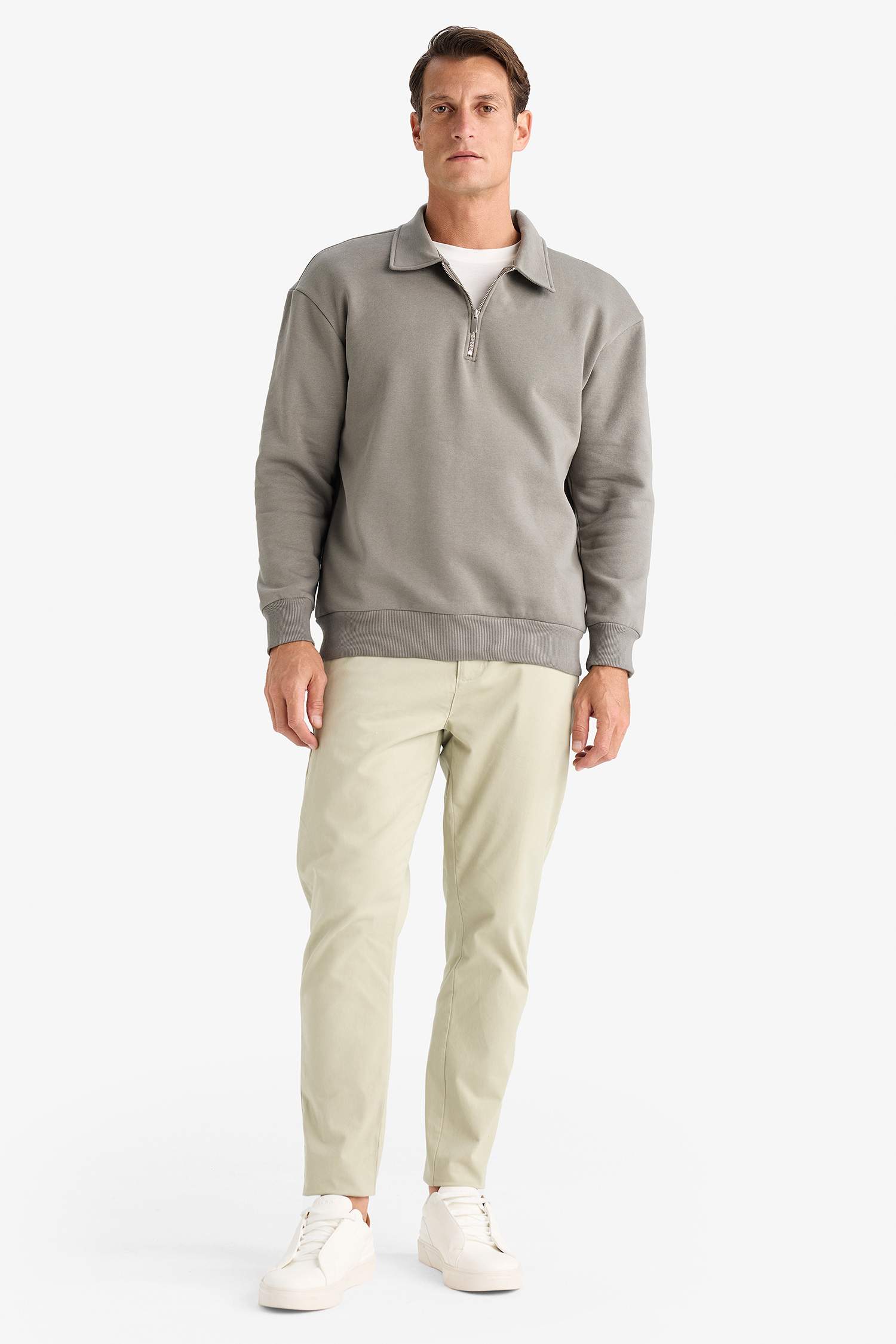 سويت شيرت تقيل بيزك قصة مريحة بياقة بولو