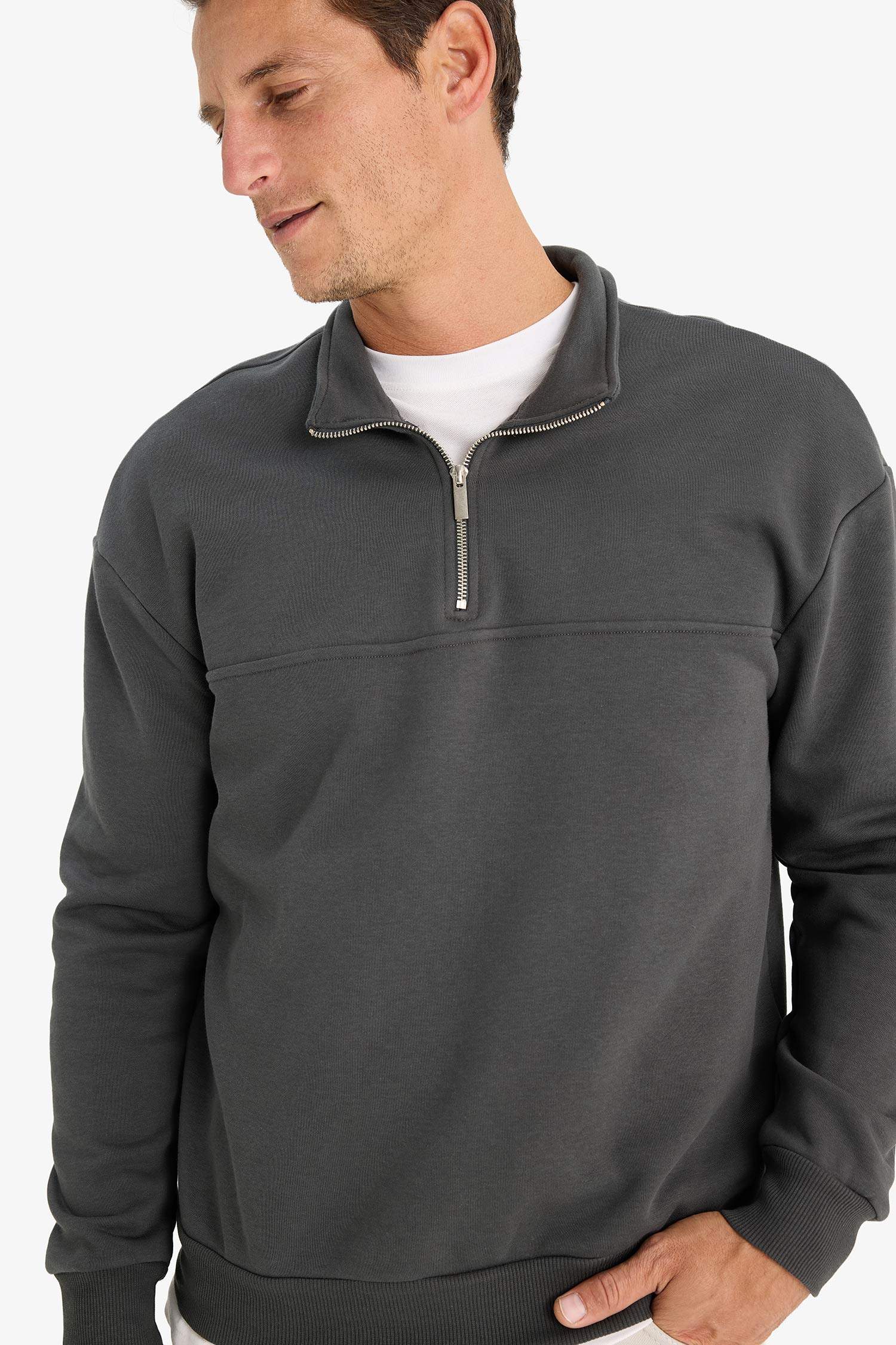 Relax Fit Dik Yaka Fermuarlı Basic Düz Kalın Sweatshirt