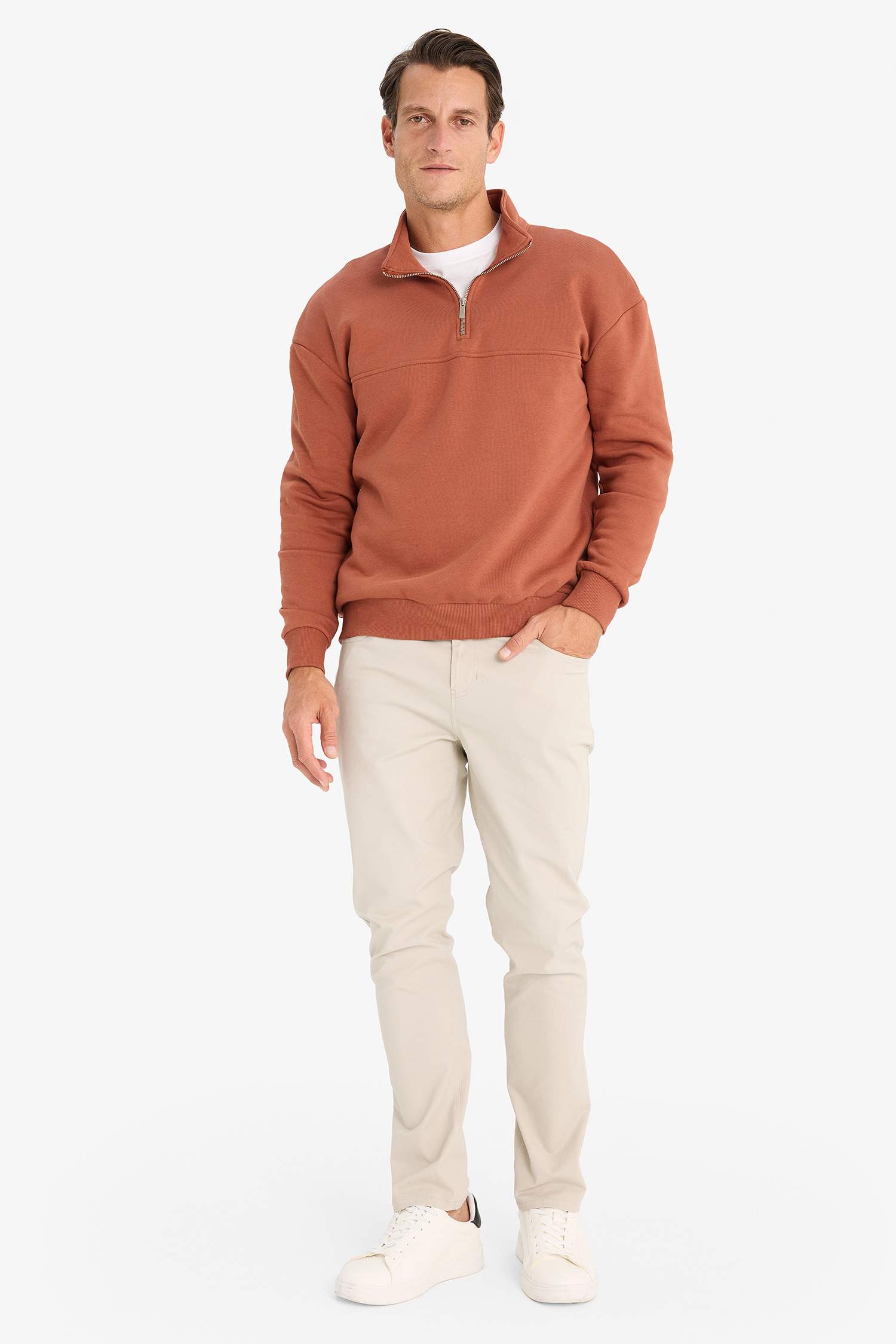 Relax Fit Dik Yaka Fermuarlı Basic Düz Kalın Sweatshirt