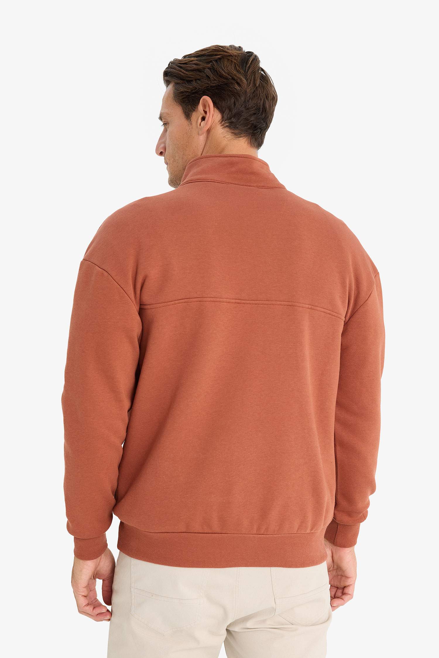 Relax Fit Dik Yaka Fermuarlı Basic Düz Kalın Sweatshirt