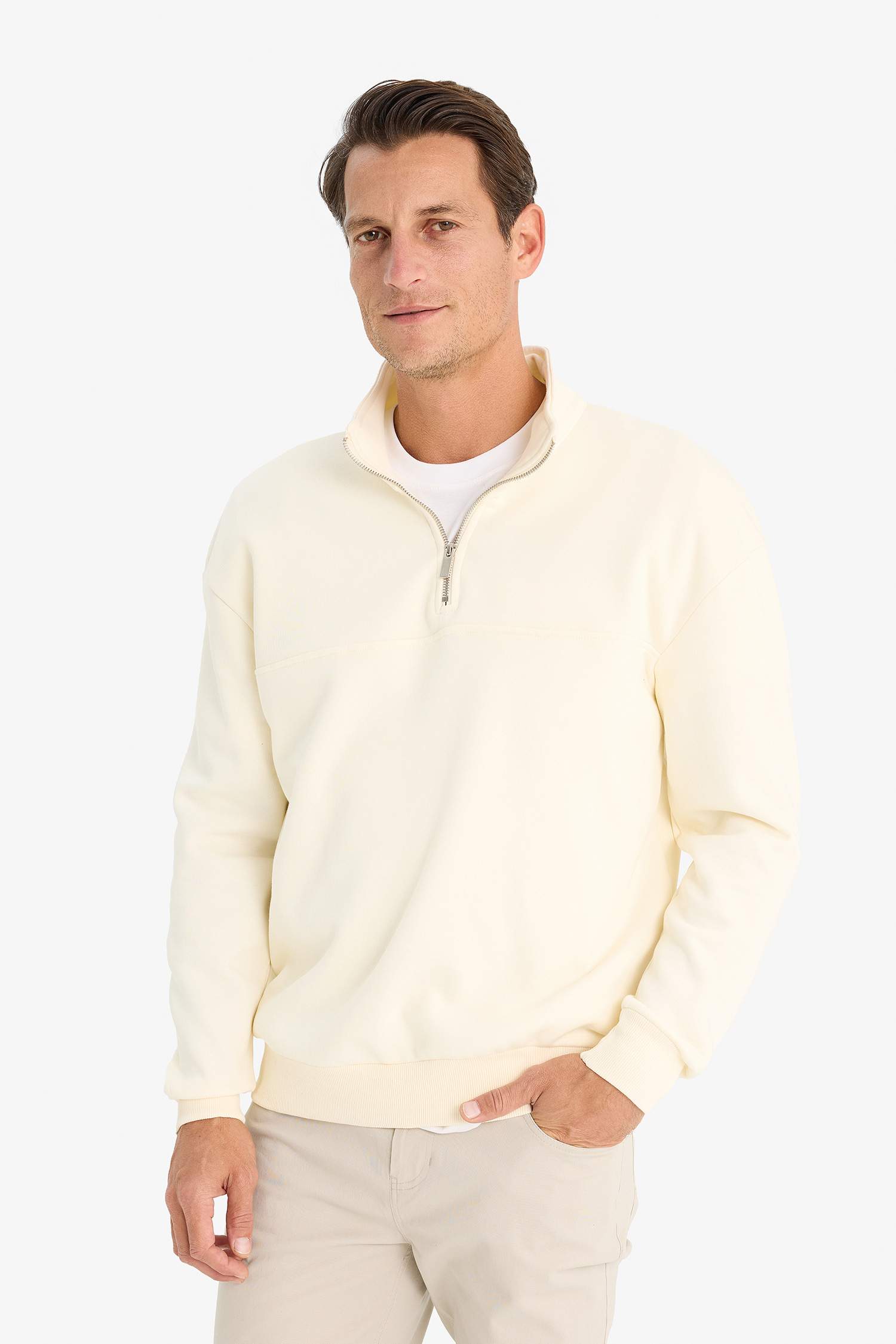 Relax Fit Dik Yaka Fermuarlı Basic Düz Kalın Sweatshirt