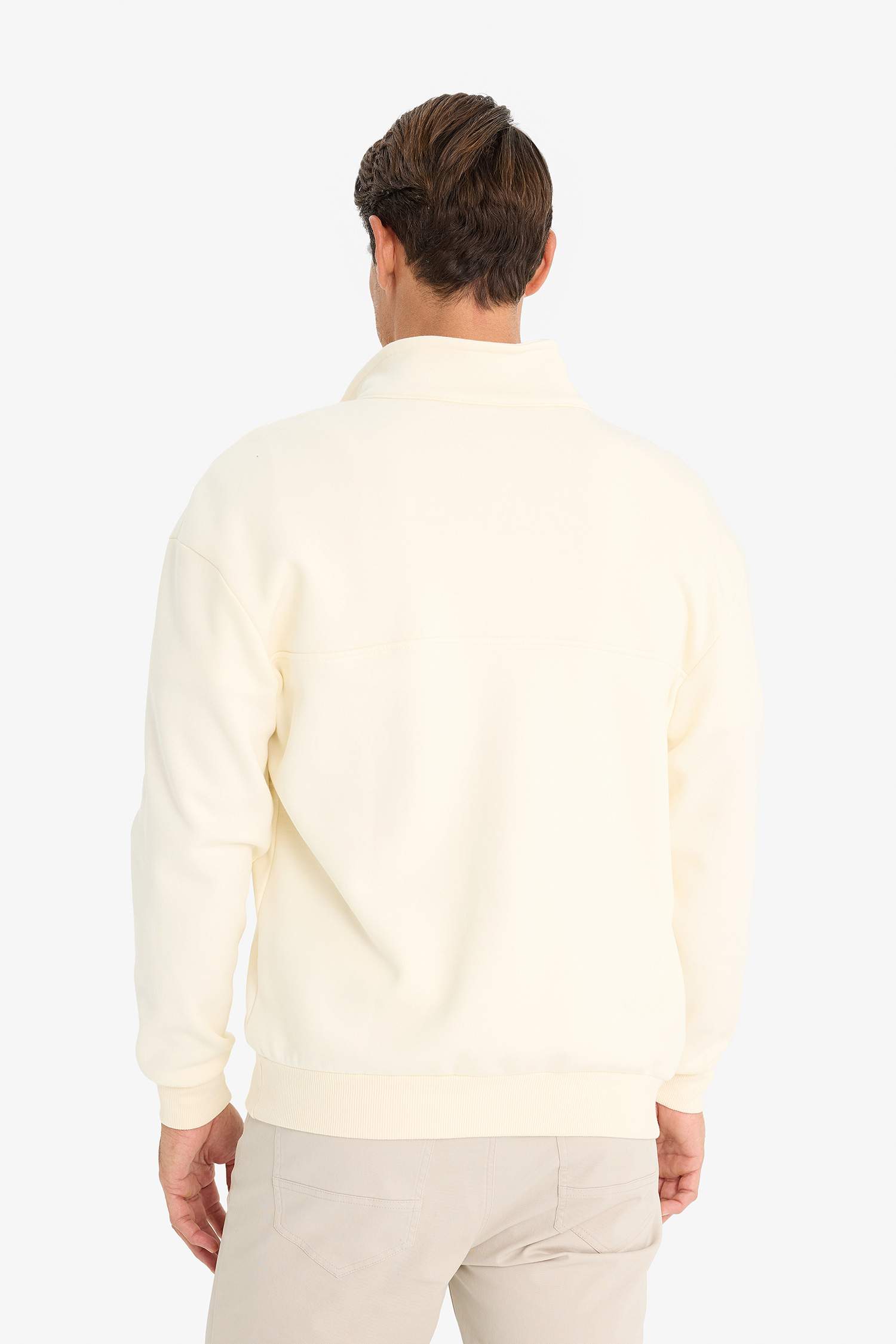 Relax Fit Dik Yaka Fermuarlı Basic Düz Kalın Sweatshirt