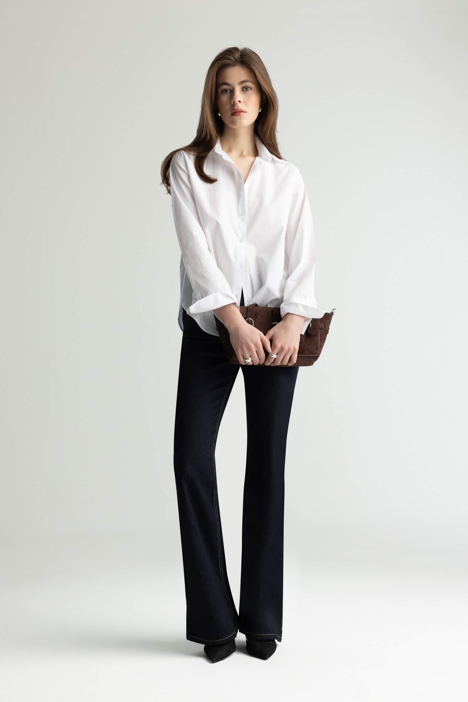 Regular Fit Basic Düz Poplin Uzun Kollu Beyaz Gömlek