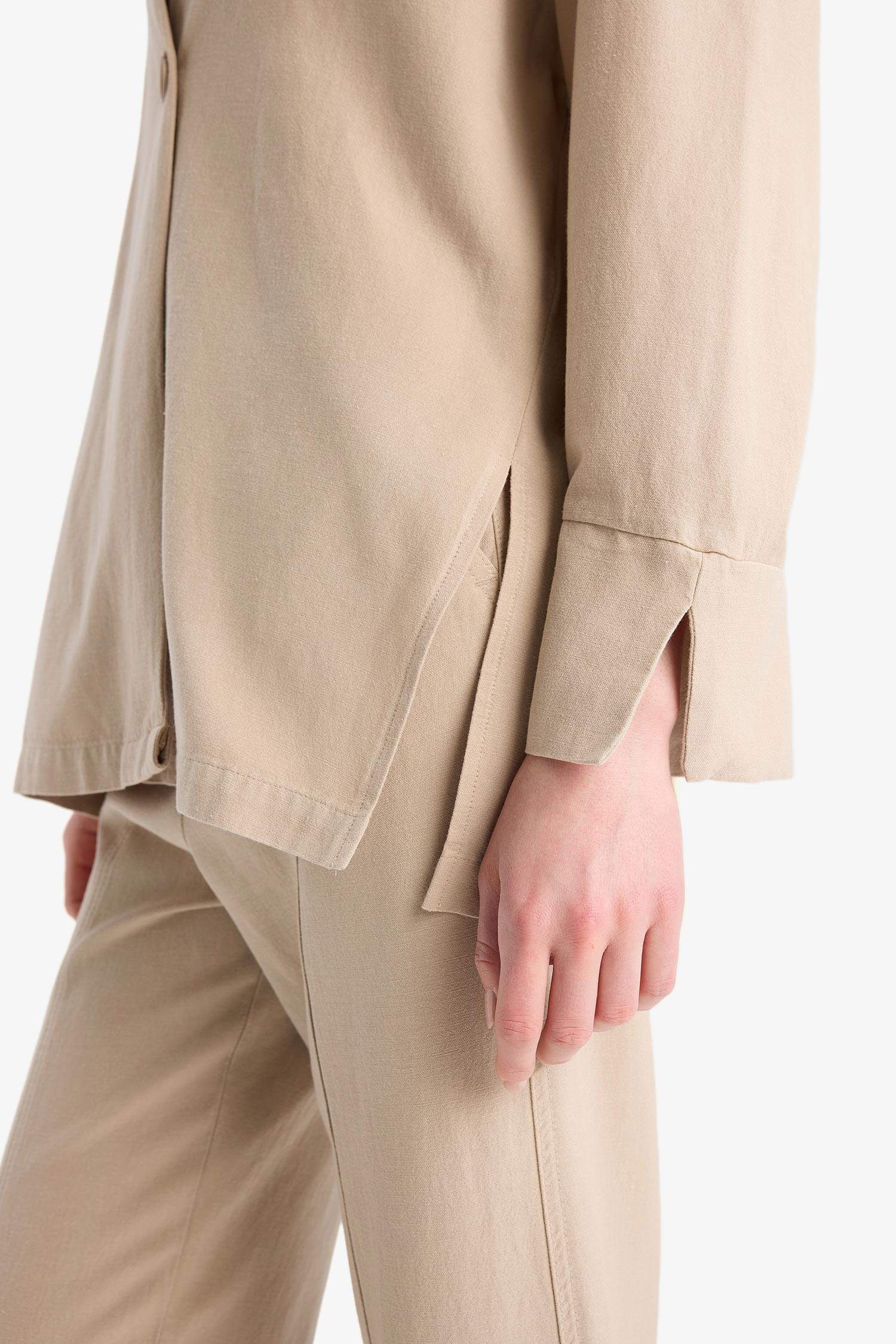 Relax Fit Basic Düz Düğmeli Keten Görünümlü Uzun Kollu Tesettür Hırka Tunik